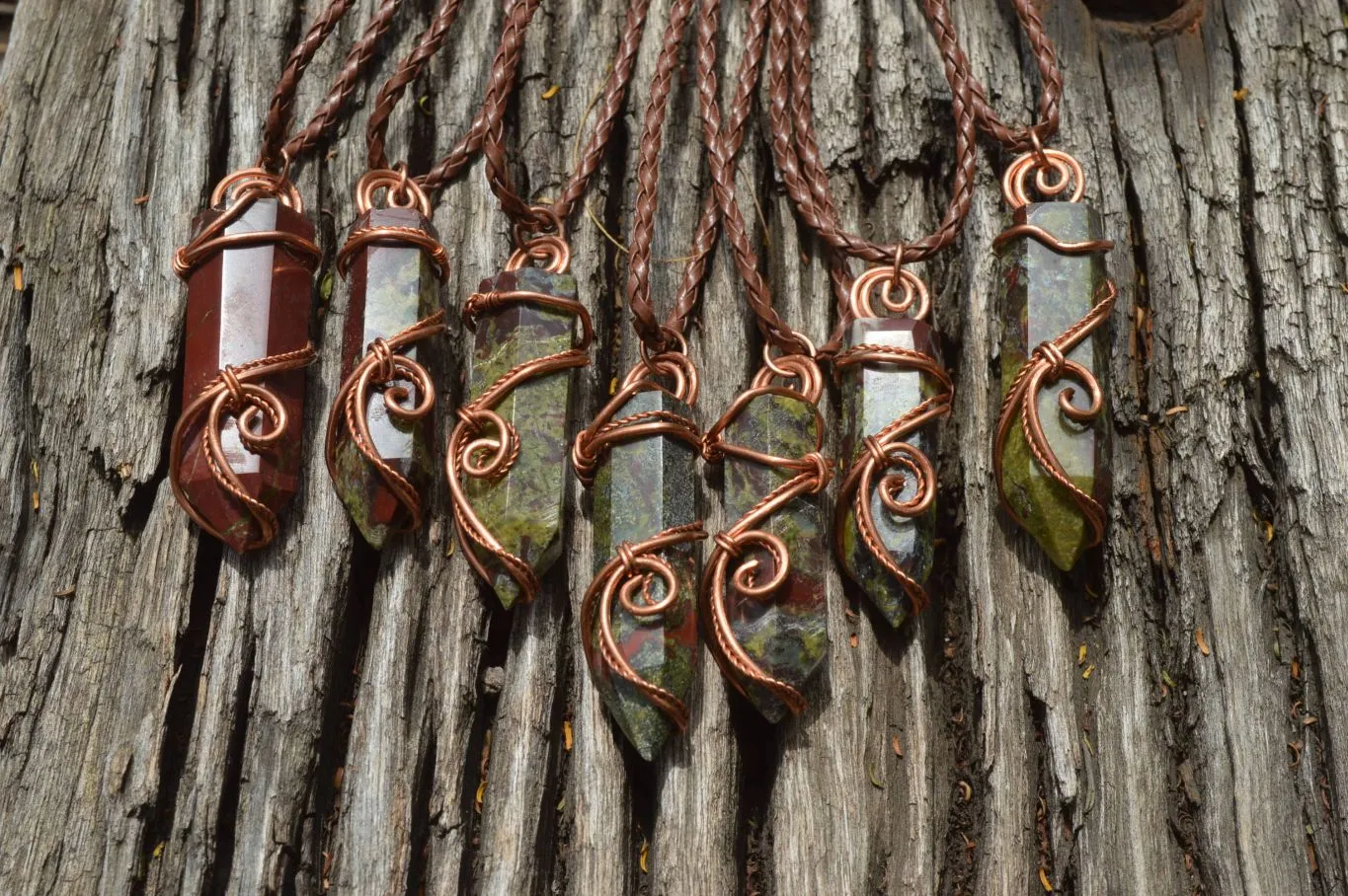 Polished Bastite (Epidote Piemontite) Dragons Blood Stone Crystals Set In Copper Art Wire Wrap Pendant - sold per piece - South Africa