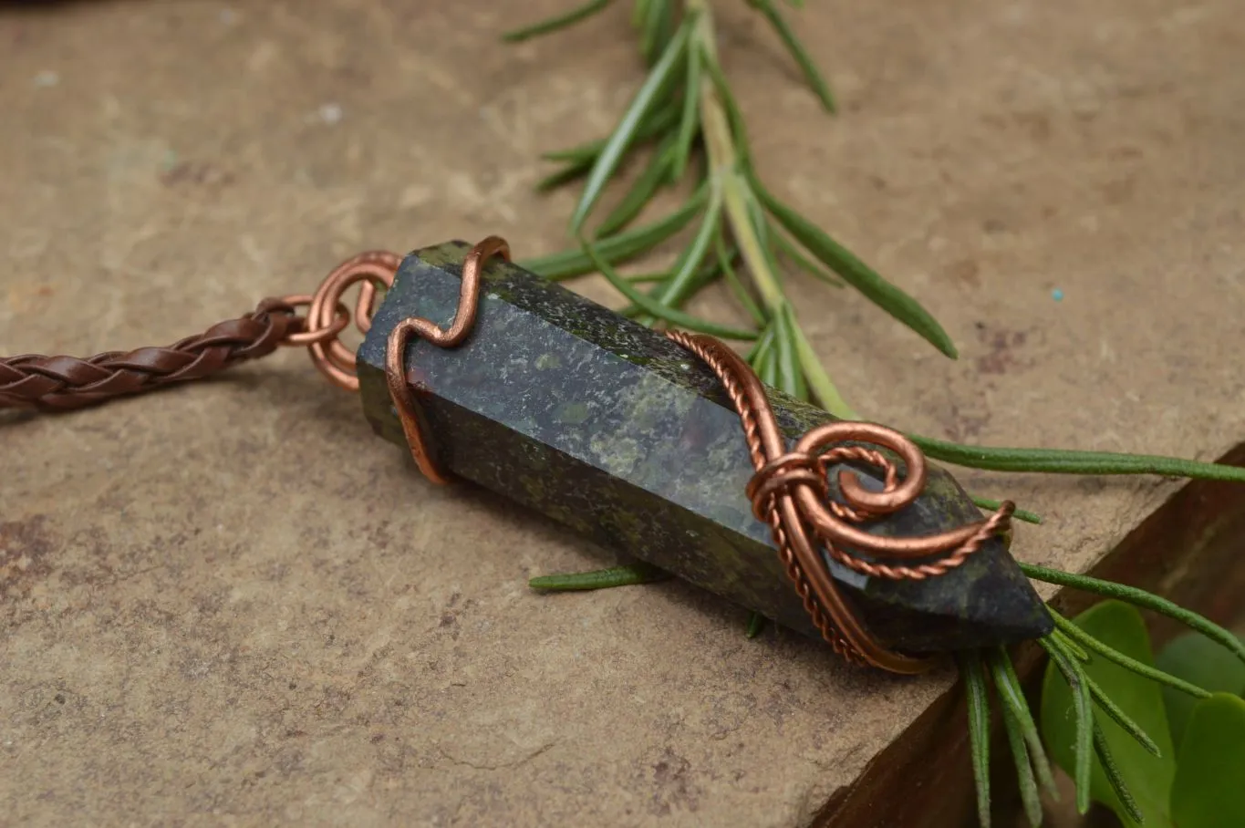 Polished Bastite (Epidote Piemontite) Dragons Blood Stone Crystals Set In Copper Art Wire Wrap Pendant - sold per piece - South Africa