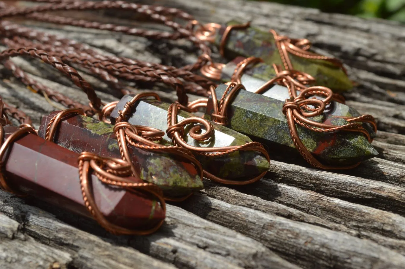 Polished Bastite (Epidote Piemontite) Dragons Blood Stone Crystals Set In Copper Art Wire Wrap Pendant - sold per piece - South Africa