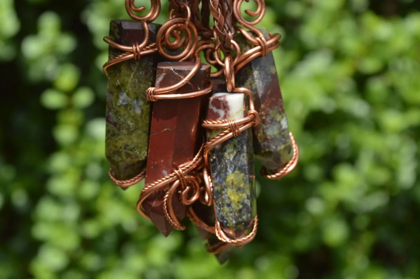 Polished Bastite (Epidote Piemontite) Dragons Blood Stone Crystals Set In Copper Art Wire Wrap Pendant - sold per piece - South Africa