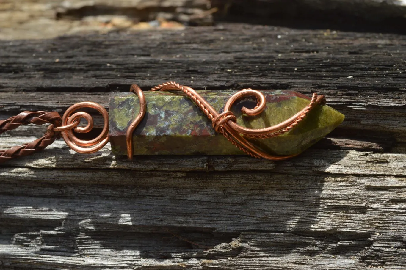 Polished Bastite (Epidote Piemontite) Dragons Blood Stone Crystals Set In Copper Art Wire Wrap Pendant - sold per piece - South Africa