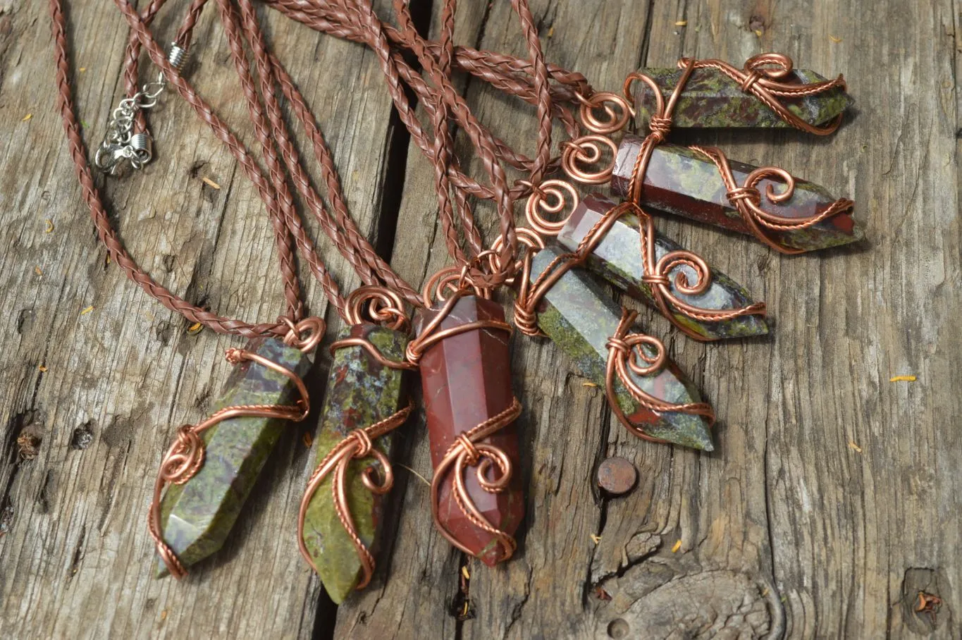 Polished Bastite (Epidote Piemontite) Dragons Blood Stone Crystals Set In Copper Art Wire Wrap Pendant - sold per piece - South Africa