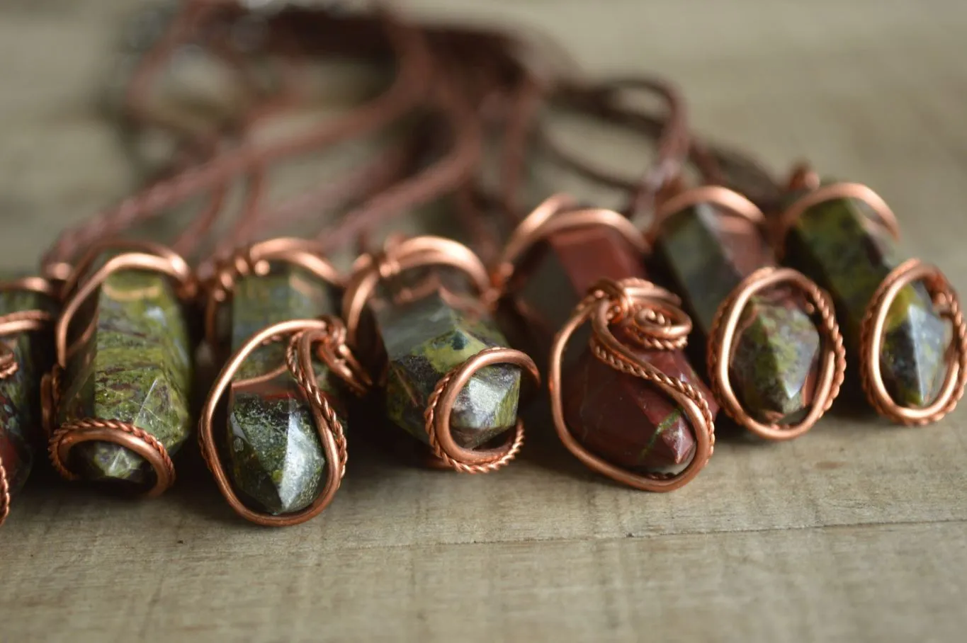 Polished Bastite (Epidote Piemontite) Dragons Blood Stone Crystals Set In Copper Art Wire Wrap Pendant - sold per piece - South Africa