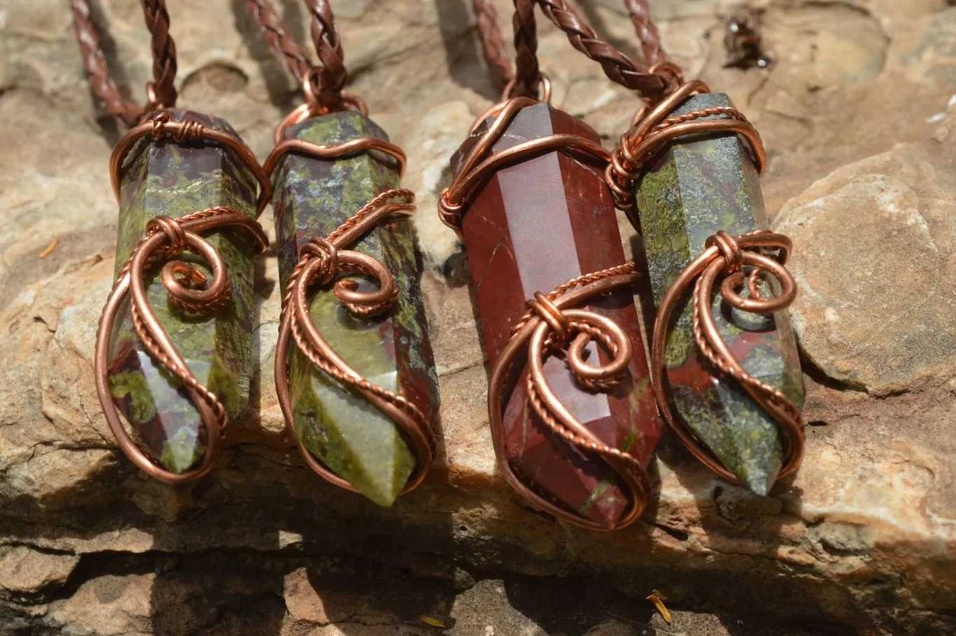 Polished Bastite (Epidote Piemontite) Dragons Blood Stone Crystals Set In Copper Art Wire Wrap Pendant - sold per piece - South Africa