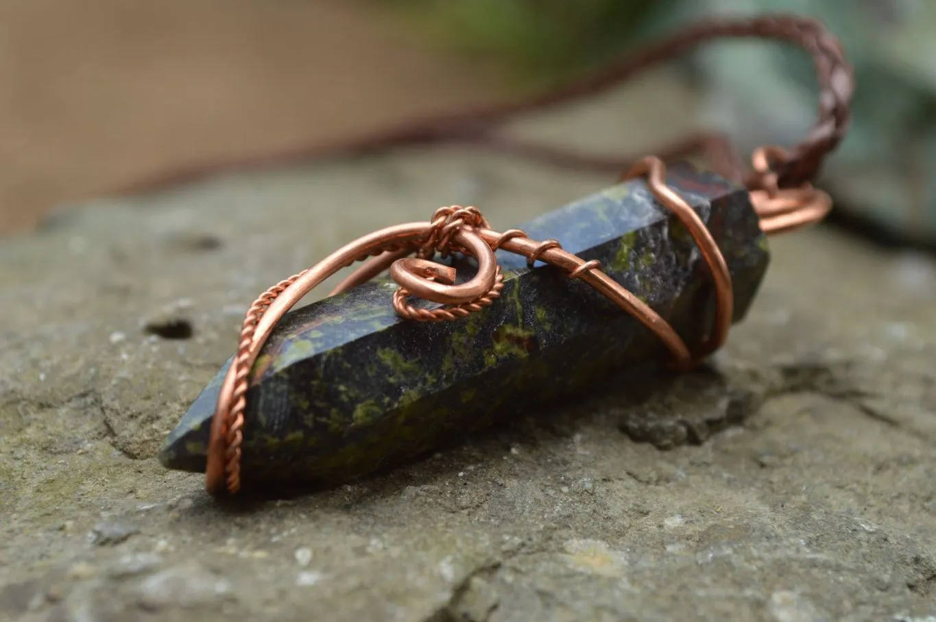 Polished Bastite (Epidote Piemontite) Dragons Blood Stone Crystals Set In Copper Art Wire Wrap Pendant - sold per piece - South Africa