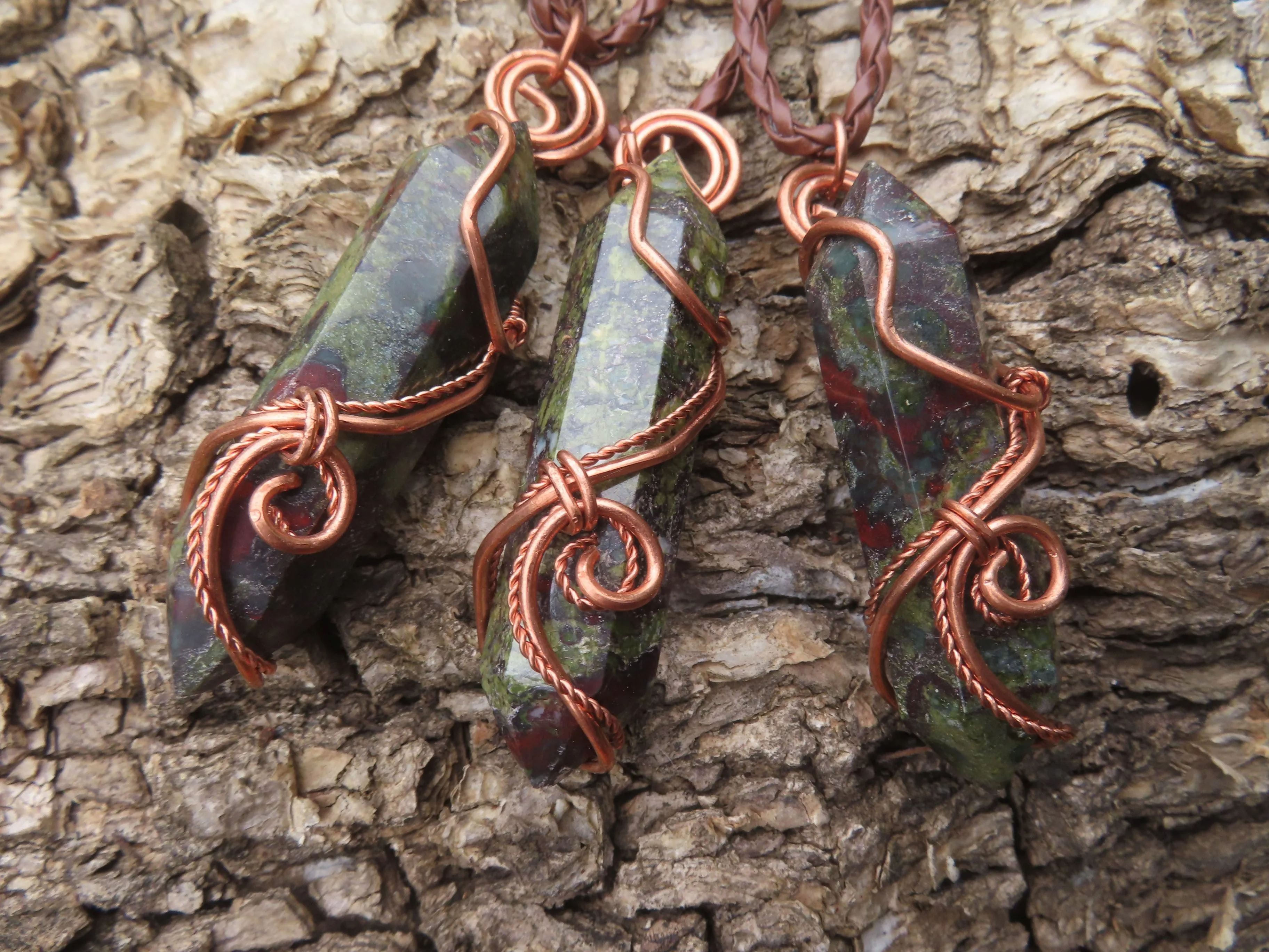 Polished Bastite (Epidote Piemontite) Dragons Blood Stone Double Terminated Crystals Set In Copper Art Wire Wrap Pendant - sold per piece - South Africa