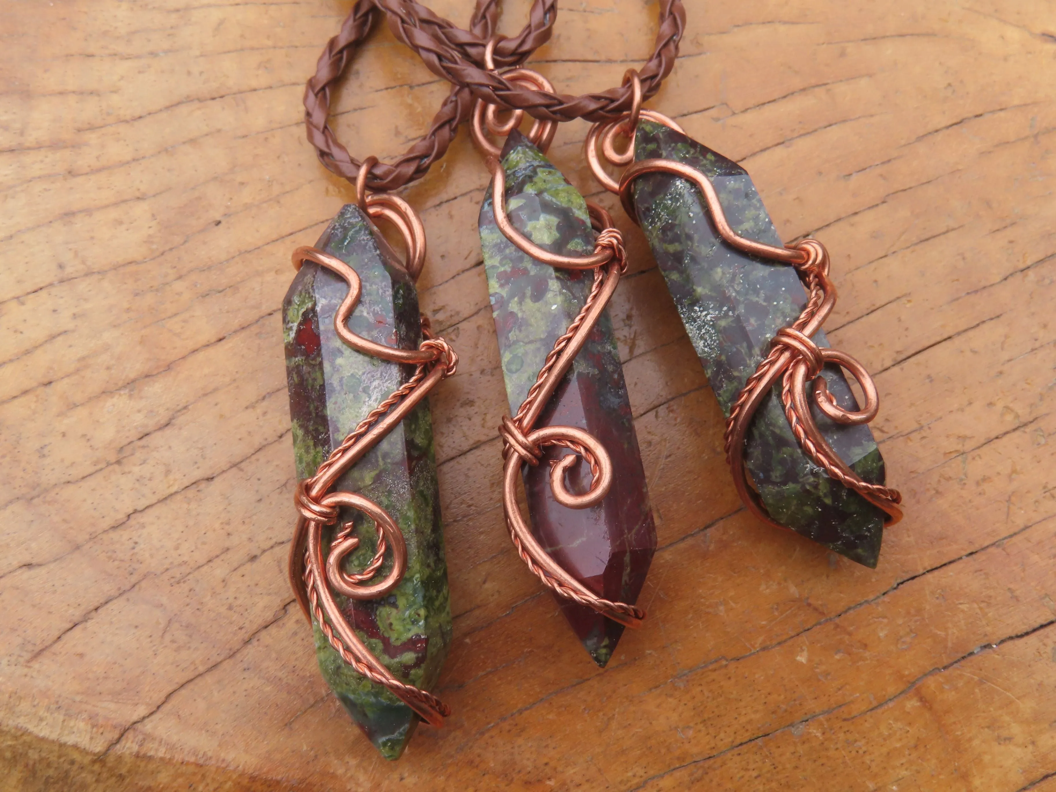 Polished Bastite (Epidote Piemontite) Dragons Blood Stone Double Terminated Crystals Set In Copper Art Wire Wrap Pendant - sold per piece - South Africa