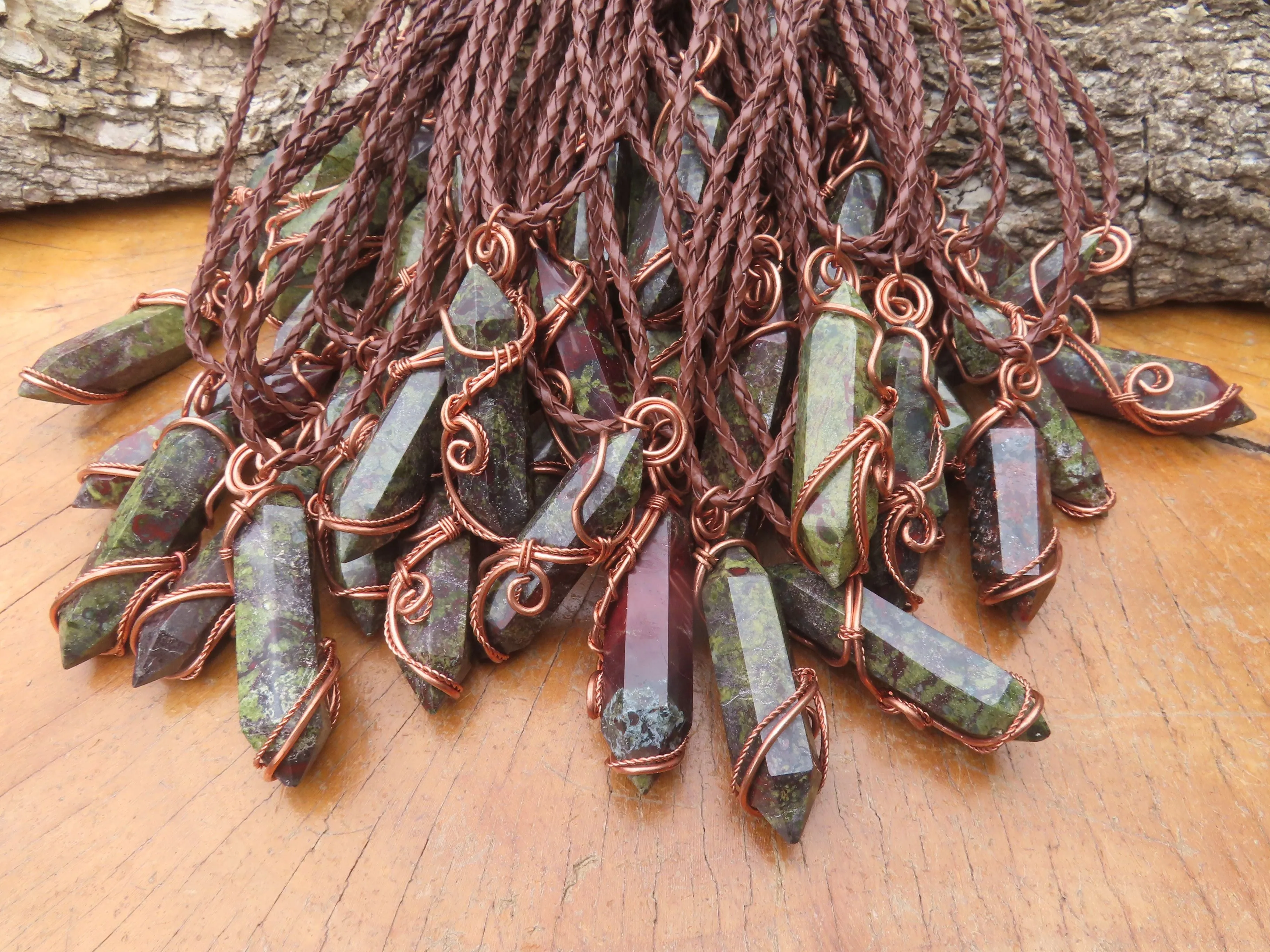 Polished Bastite (Epidote Piemontite) Dragons Blood Stone Double Terminated Crystals Set In Copper Art Wire Wrap Pendant - sold per piece - South Africa