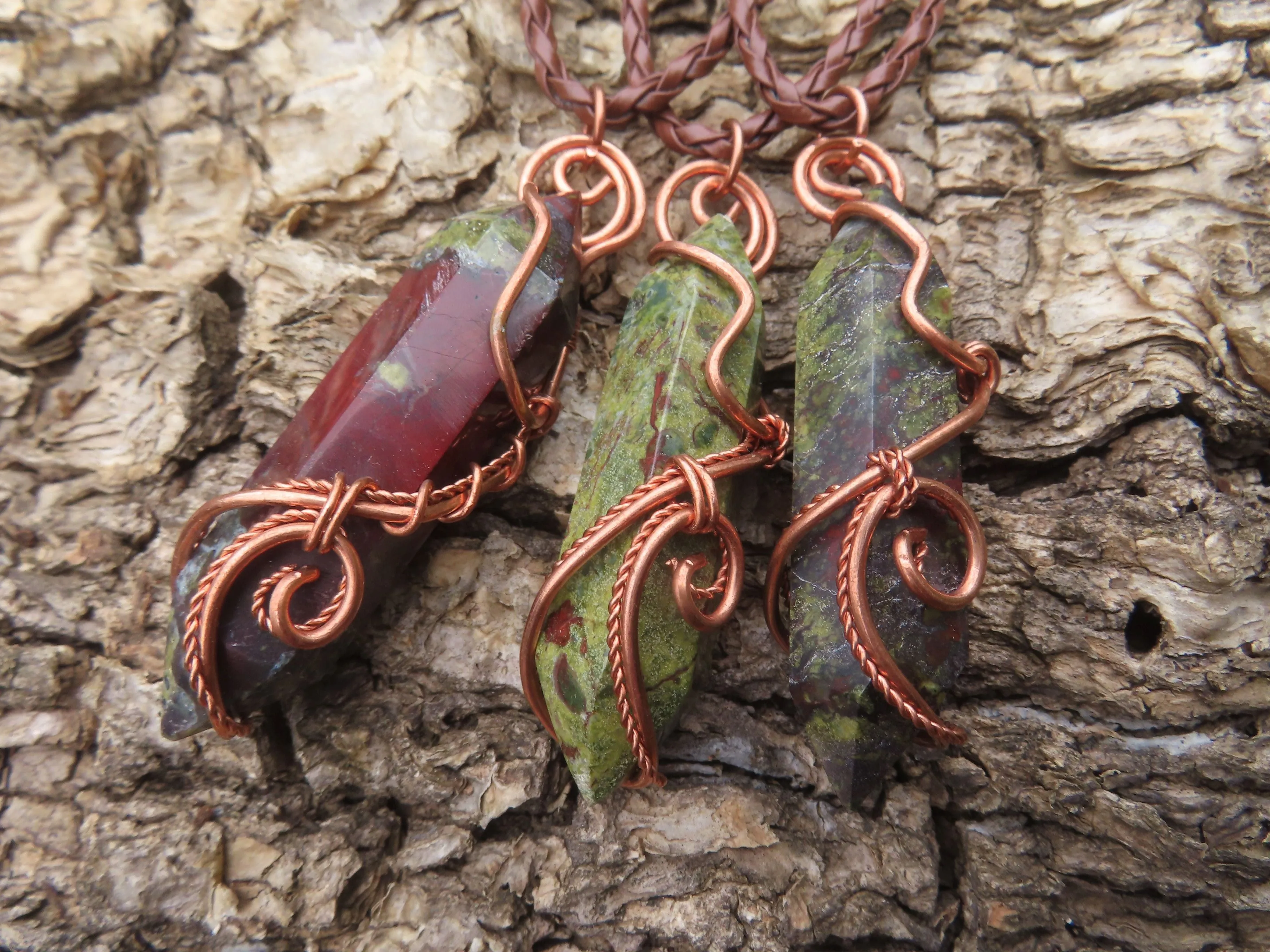 Polished Bastite (Epidote Piemontite) Dragons Blood Stone Double Terminated Crystals Set In Copper Art Wire Wrap Pendant - sold per piece - South Africa