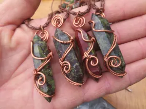 Polished Bastite (Epidote Piemontite) Dragons Blood Stone Double Terminated Crystals Set In Copper Art Wire Wrap Pendant - sold per piece - South Africa