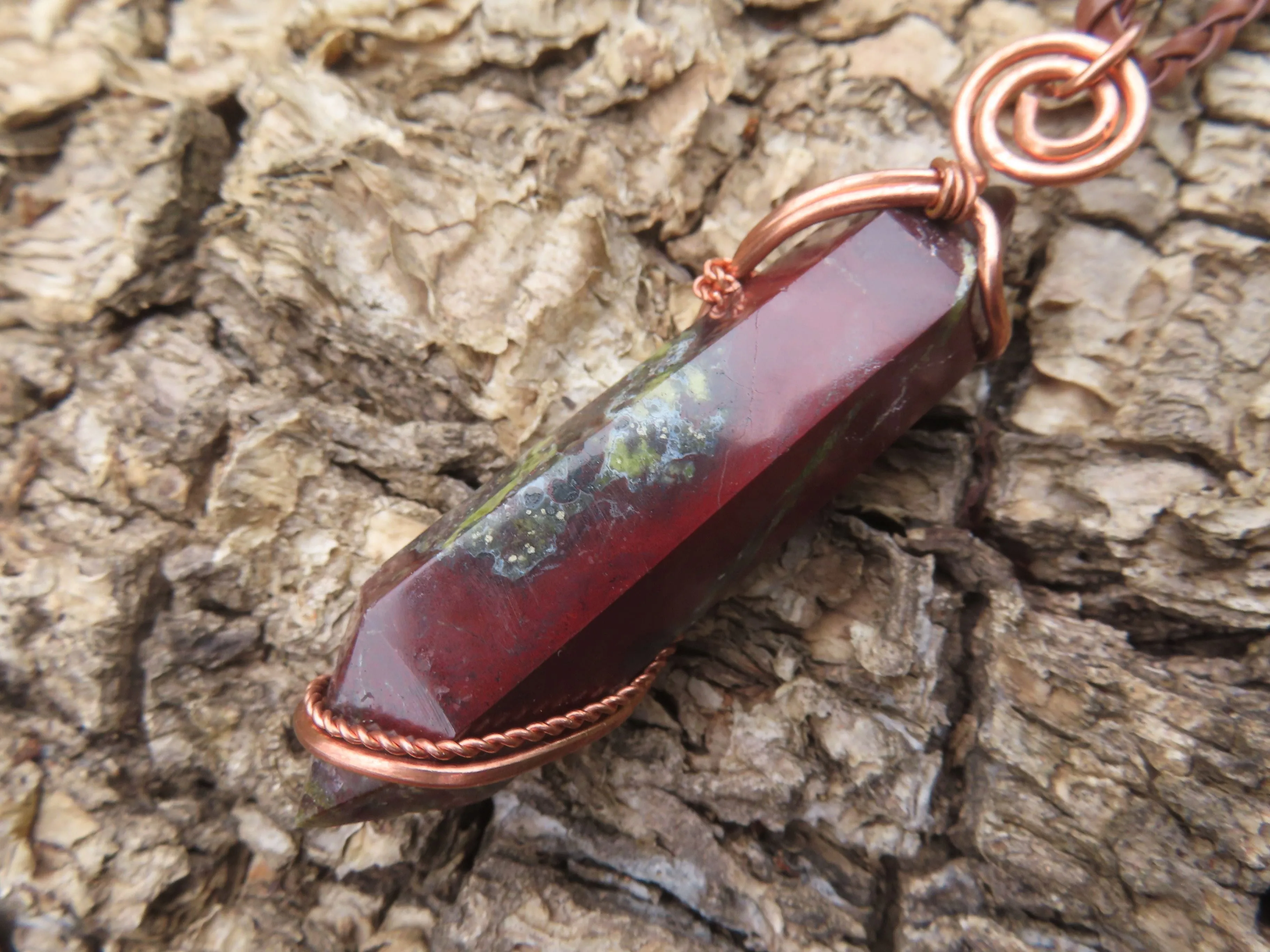 Polished Bastite (Epidote Piemontite) Dragons Blood Stone Double Terminated Crystals Set In Copper Art Wire Wrap Pendant - sold per piece - South Africa