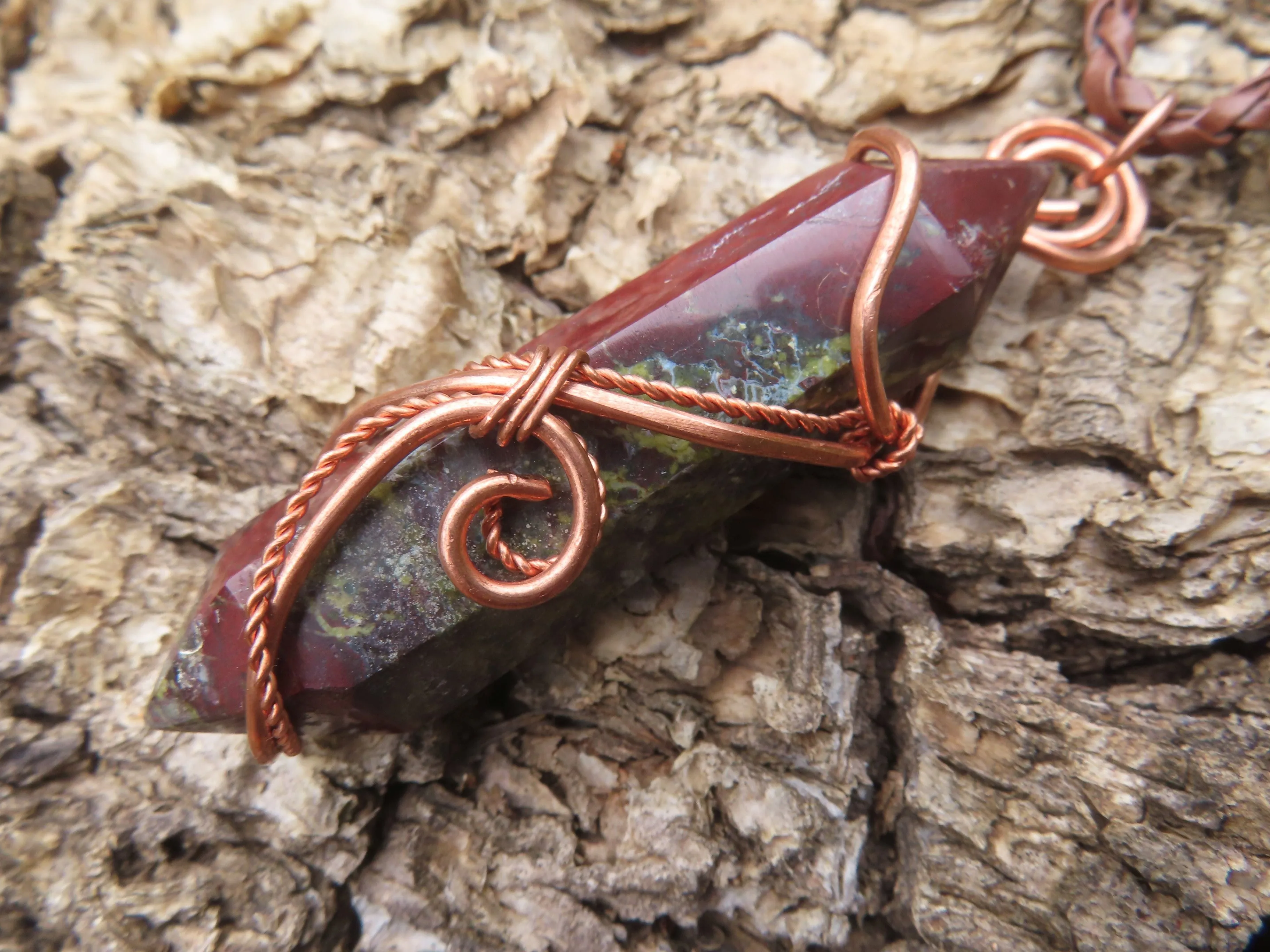 Polished Bastite (Epidote Piemontite) Dragons Blood Stone Double Terminated Crystals Set In Copper Art Wire Wrap Pendant - sold per piece - South Africa