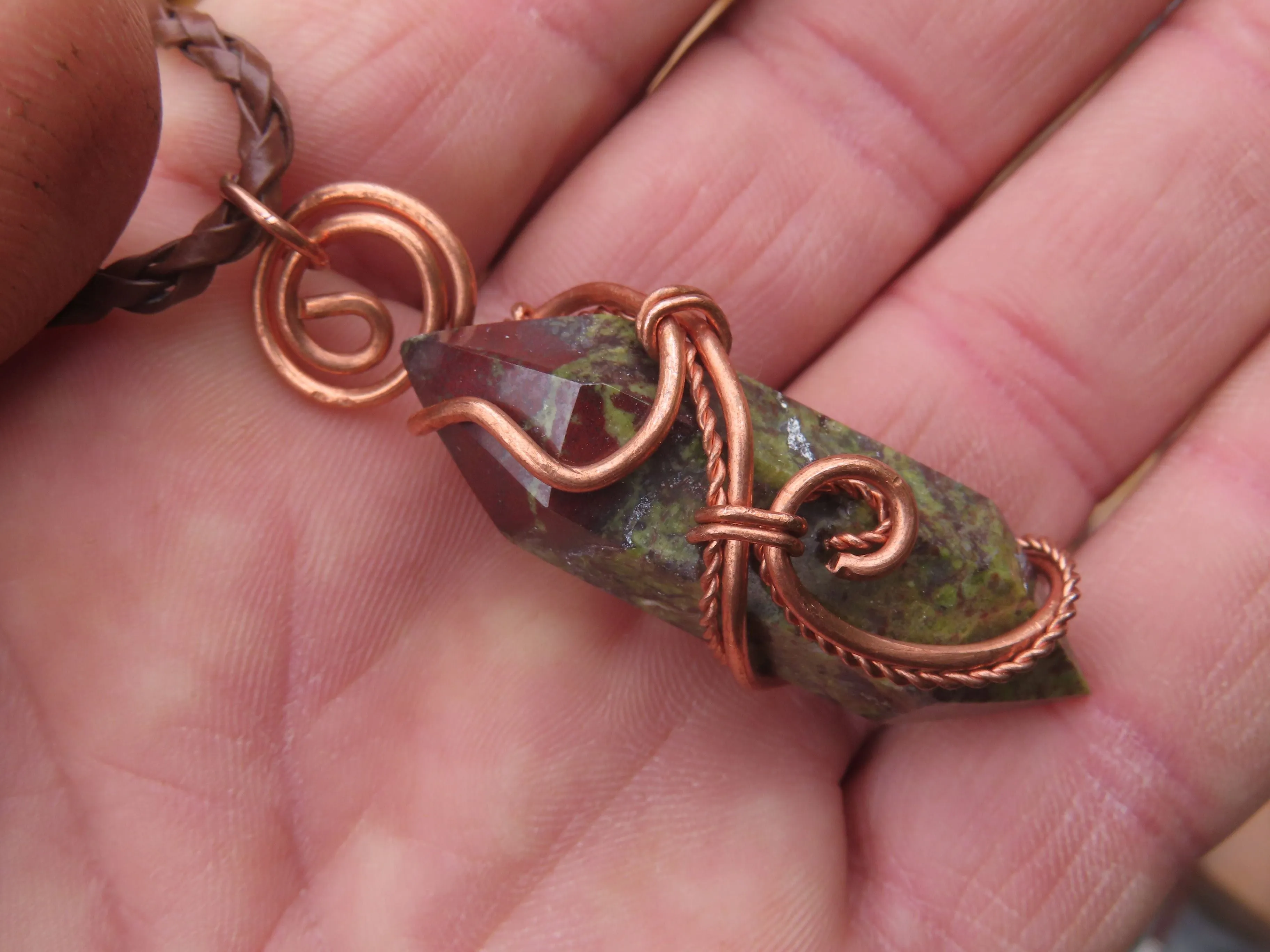 Polished Bastite (Epidote Piemontite) Dragons Blood Stone Double Terminated Crystals Set In Copper Art Wire Wrap Pendant - sold per piece - South Africa