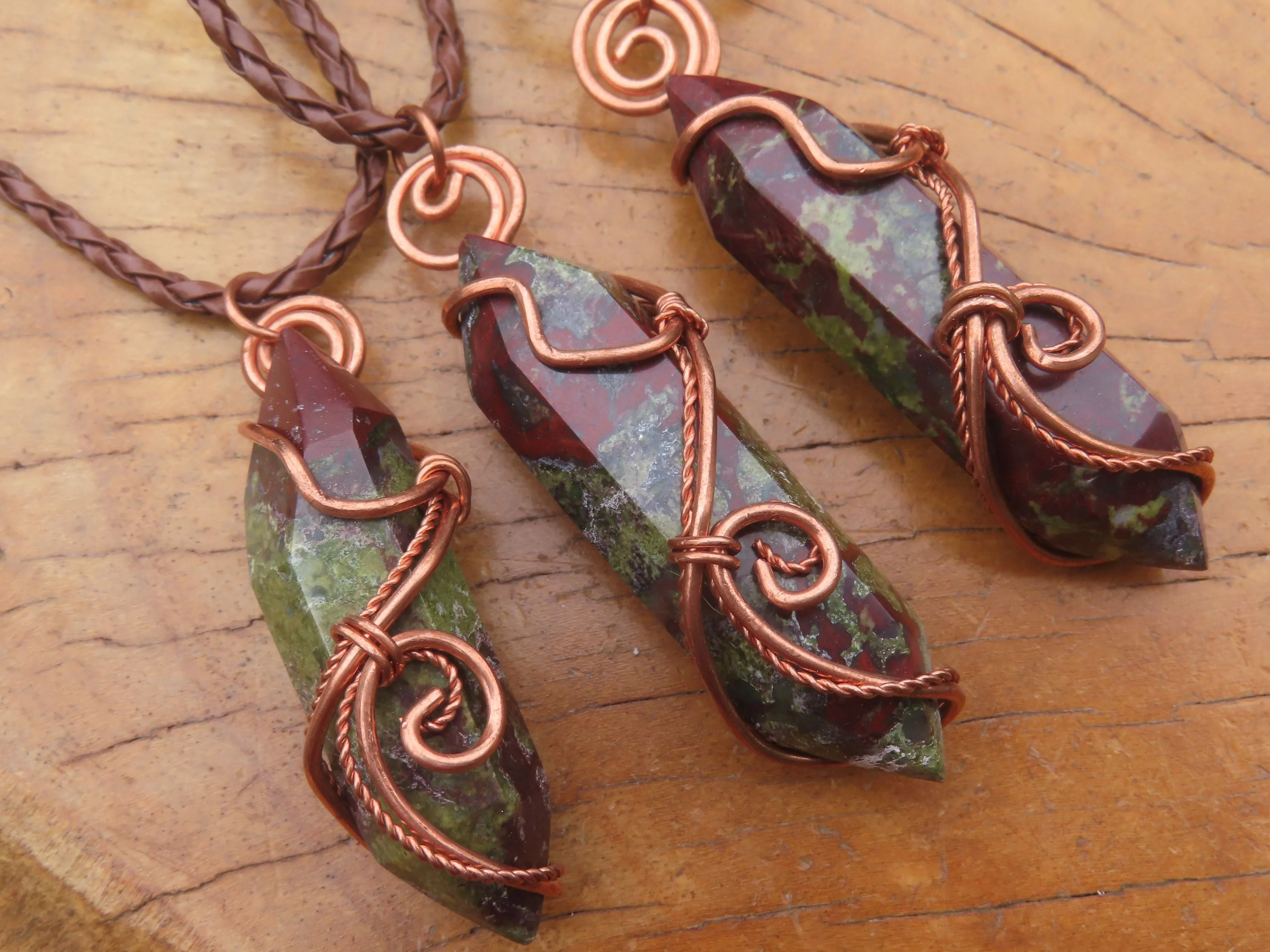 Polished Bastite (Epidote Piemontite) Dragons Blood Stone Double Terminated Crystals Set In Copper Art Wire Wrap Pendant - sold per piece - South Africa