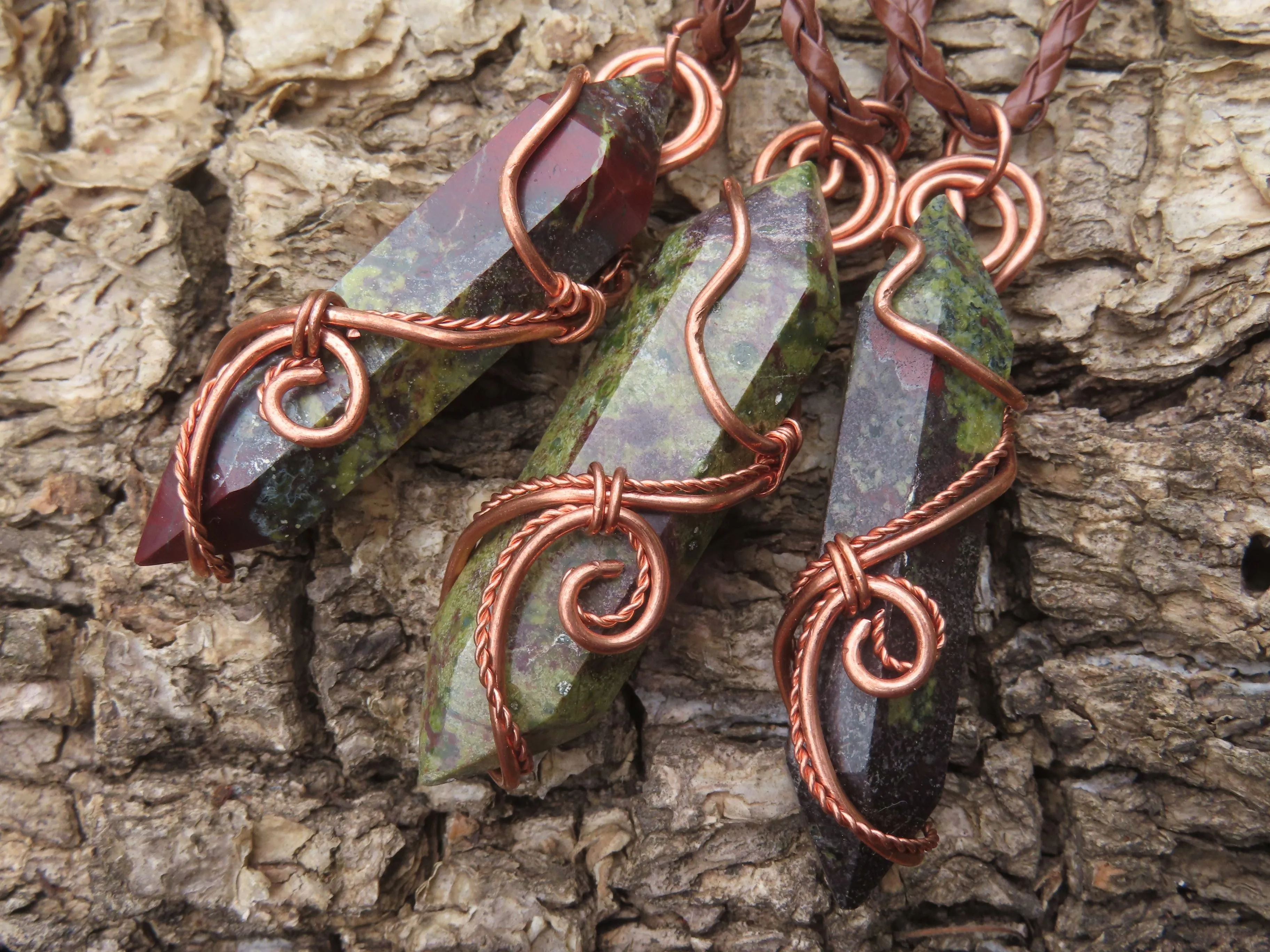 Polished Bastite (Epidote Piemontite) Dragons Blood Stone Double Terminated Crystals Set In Copper Art Wire Wrap Pendant - sold per piece - South Africa