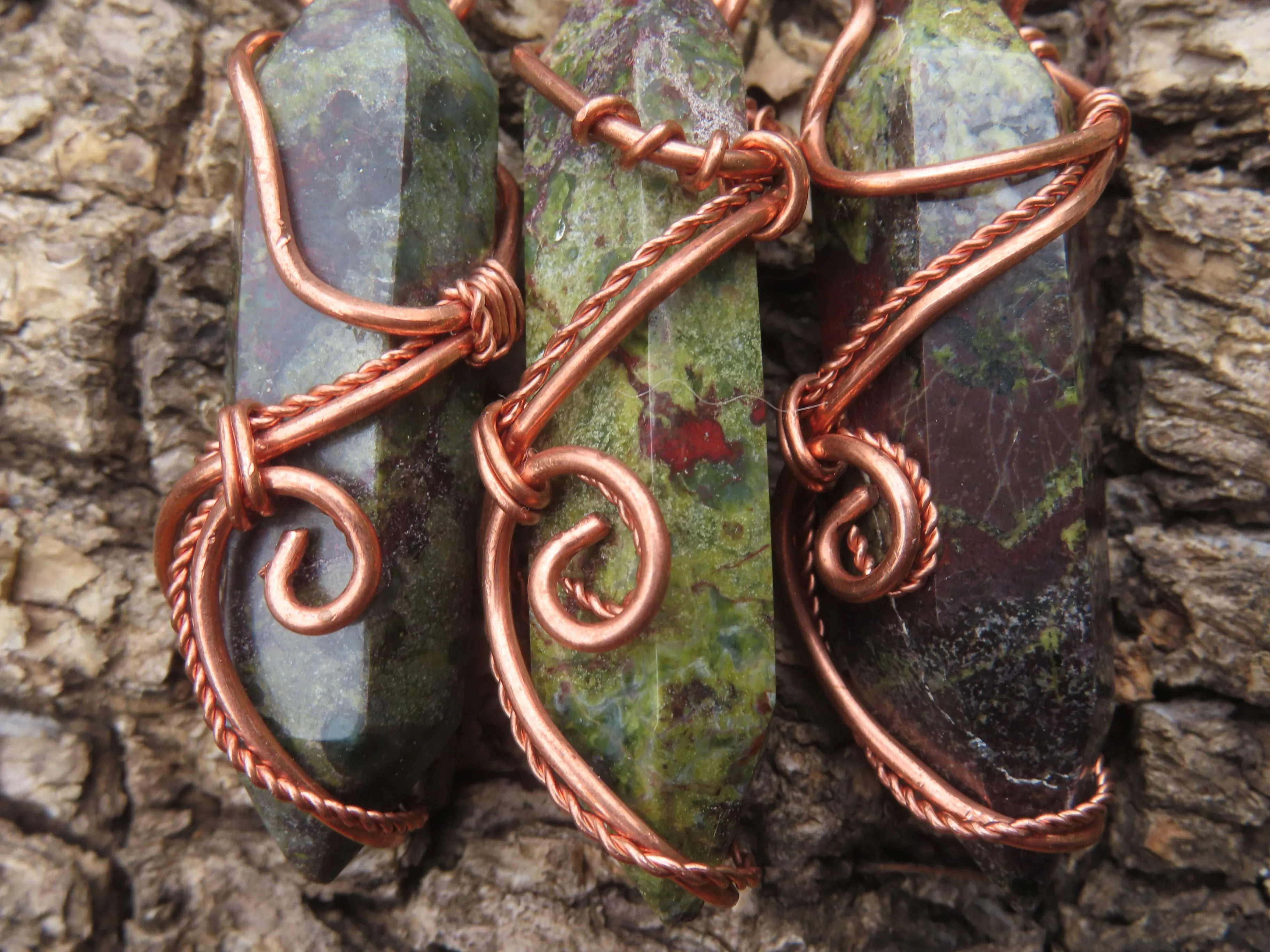 Polished Bastite (Epidote Piemontite) Dragons Blood Stone Double Terminated Crystals Set In Copper Art Wire Wrap Pendant - sold per piece - South Africa