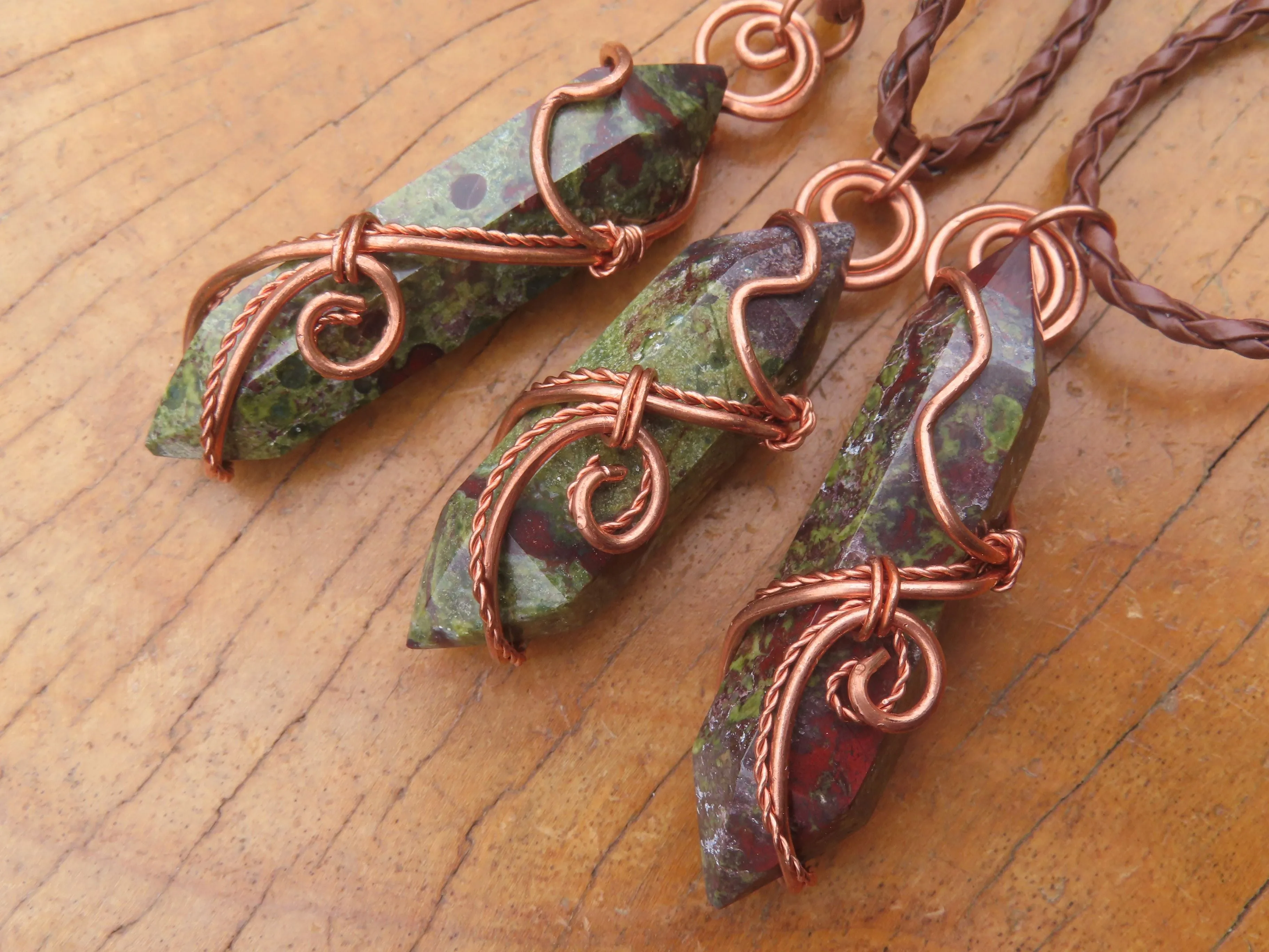 Polished Bastite (Epidote Piemontite) Dragons Blood Stone Double Terminated Crystals Set In Copper Art Wire Wrap Pendant - sold per piece - South Africa