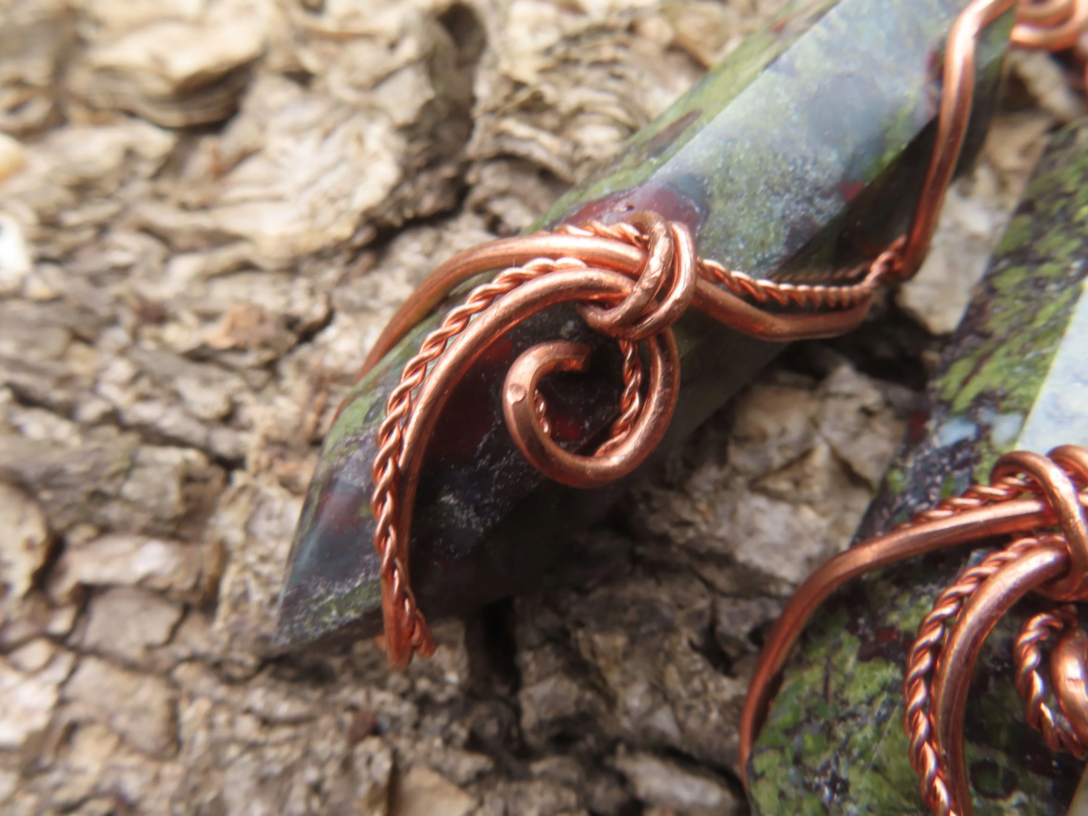 Polished Bastite (Epidote Piemontite) Dragons Blood Stone Double Terminated Crystals Set In Copper Art Wire Wrap Pendant - sold per piece - South Africa