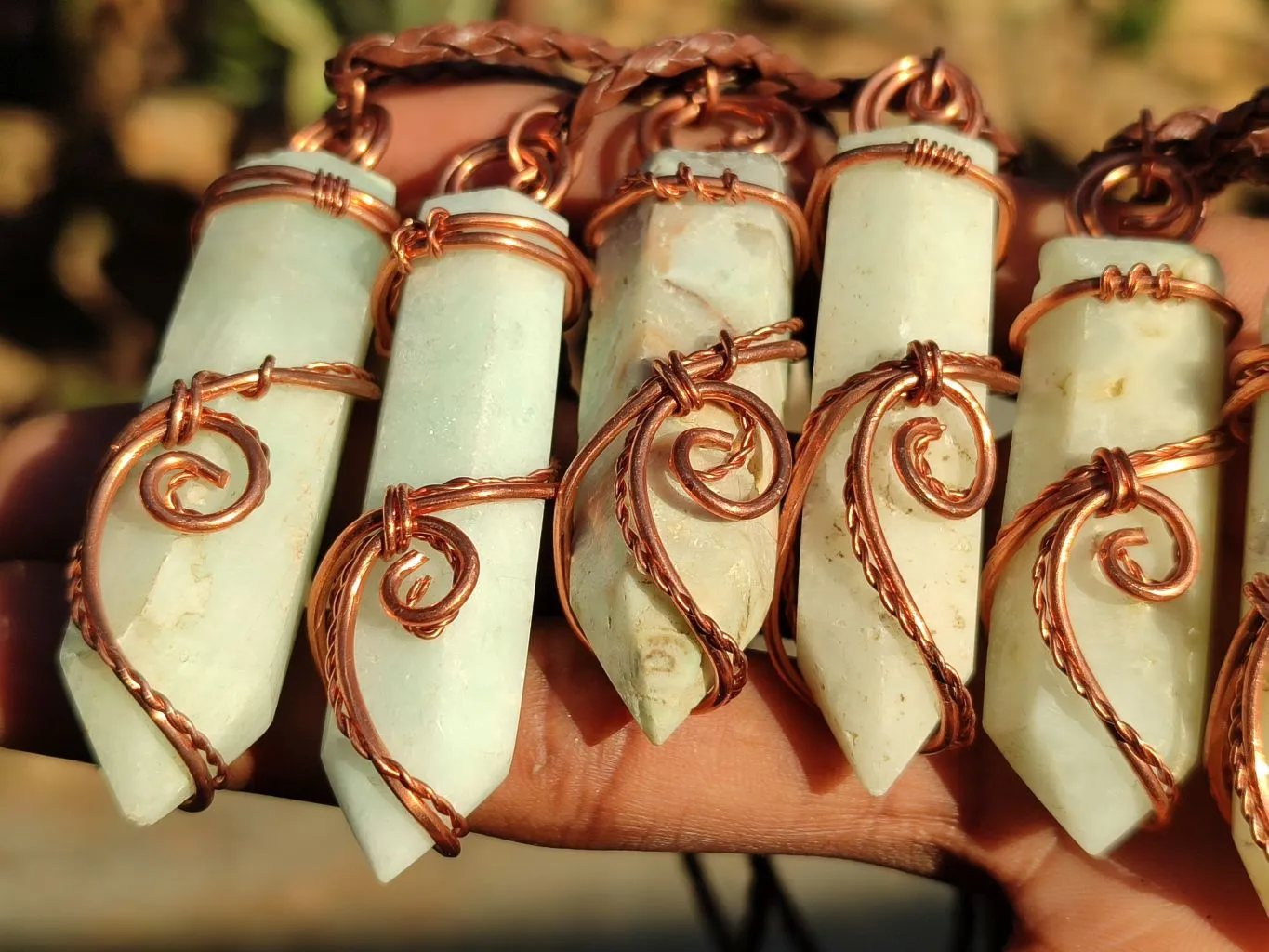 Polished Blue Smithsonite Aragonite Copper Wire Wrapped Pendants x 9 From Congo