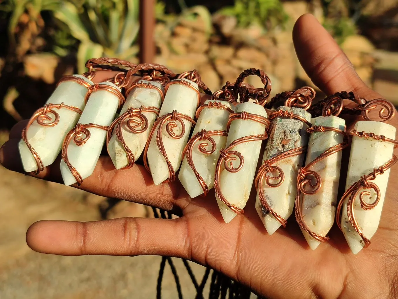 Polished Blue Smithsonite Aragonite Copper Wire Wrapped Pendants x 9 From Congo