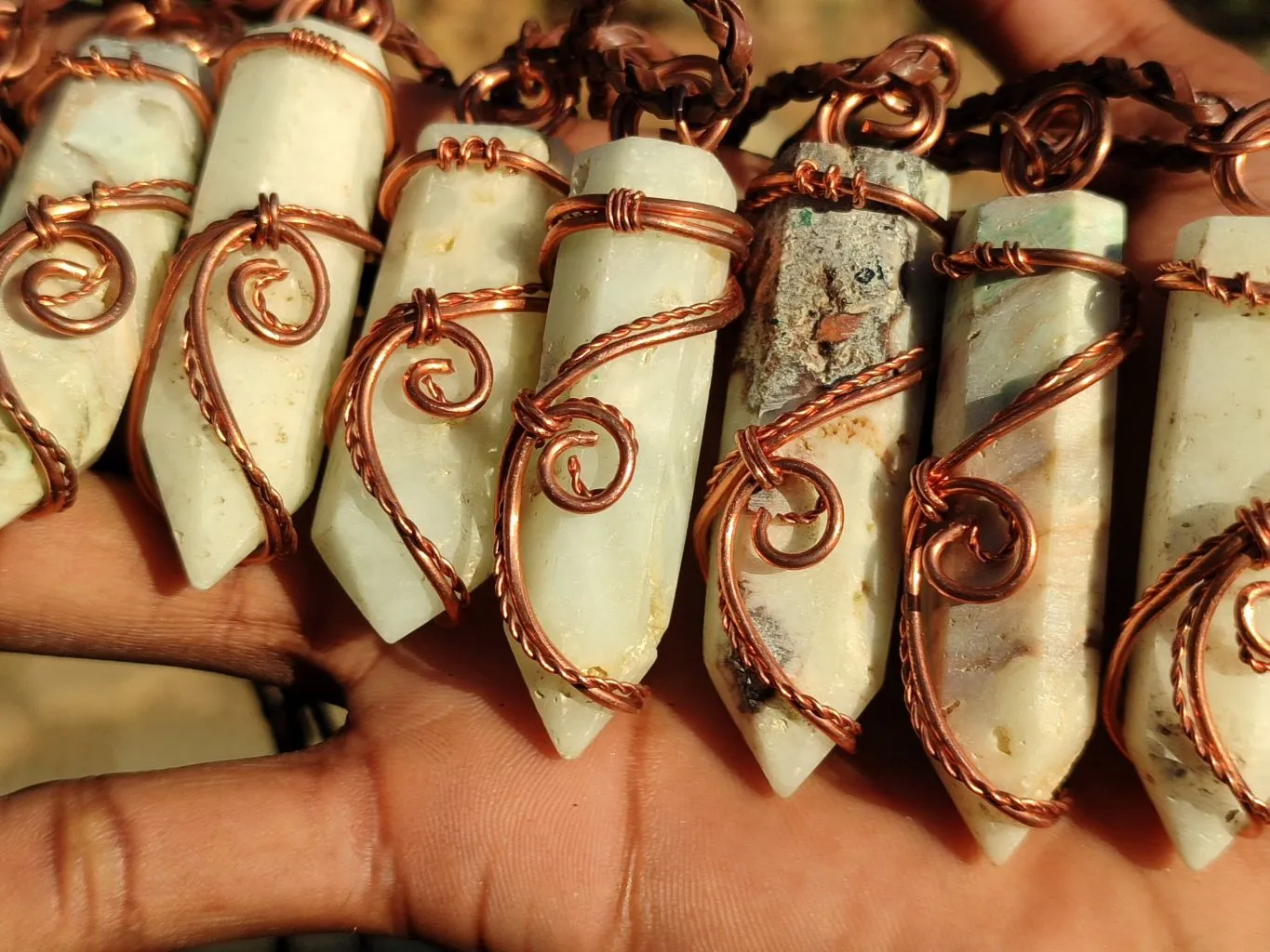 Polished Blue Smithsonite Aragonite Copper Wire Wrapped Pendants x 9 From Congo