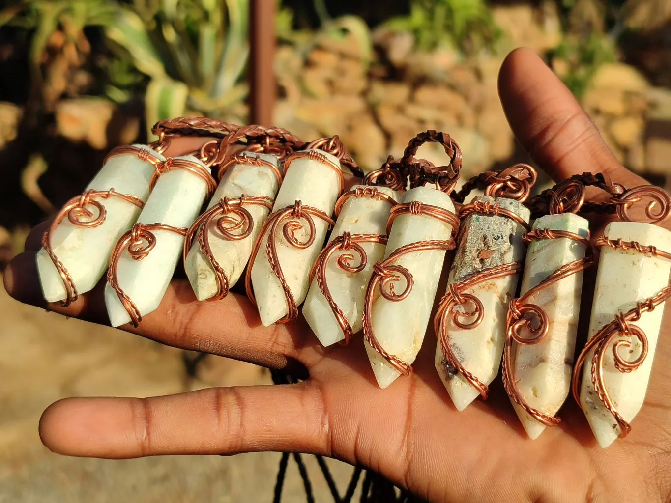 Polished Blue Smithsonite Aragonite Copper Wire Wrapped Pendants x 9 From Congo