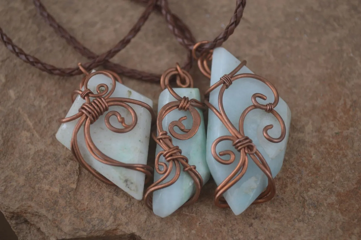 Polished Copper Wire Wrapped Blue Smithsonite Jewellery Pendants x 6 From Congo