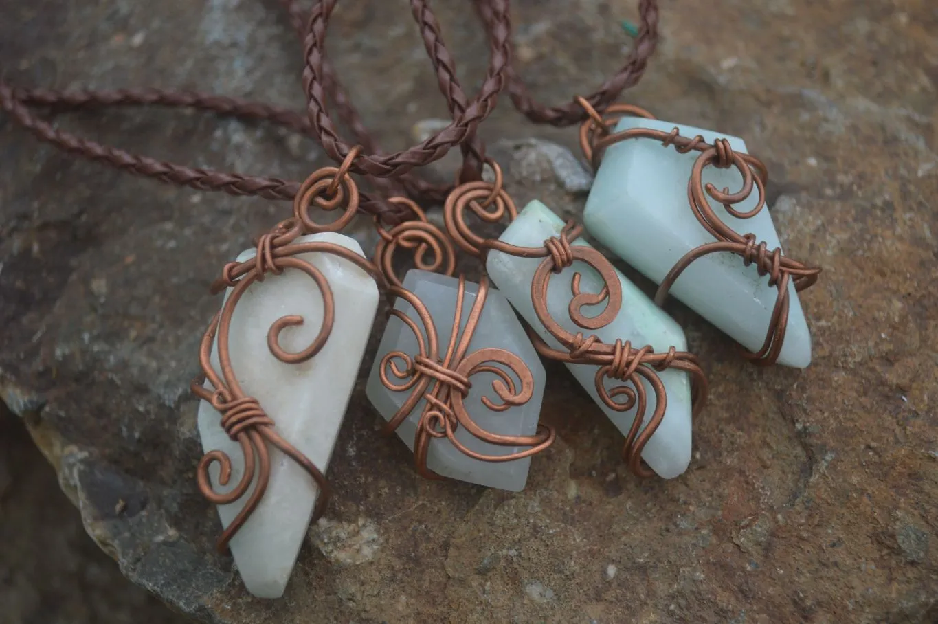 Polished Copper Wire Wrapped Blue Smithsonite Jewellery Pendants x 6 From Congo