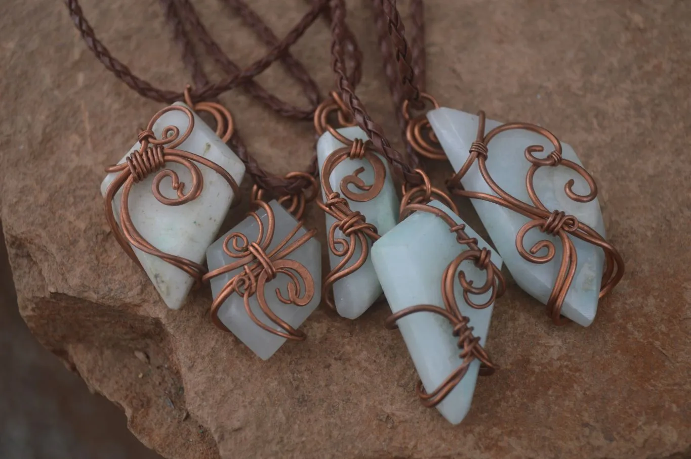 Polished Copper Wire Wrapped Blue Smithsonite Jewellery Pendants x 6 From Congo