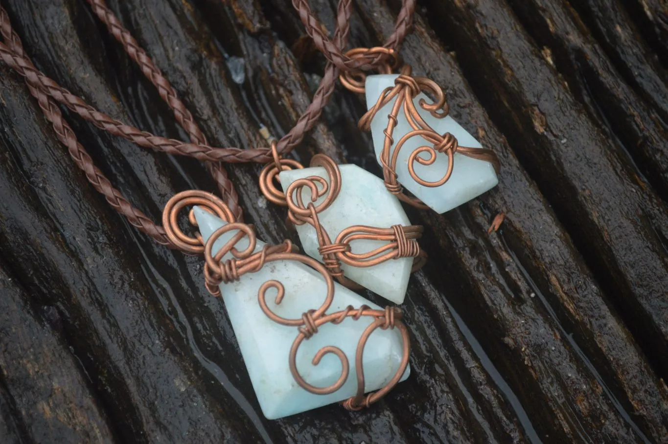 Polished Copper Wire Wrapped Blue Smithsonite Jewellery Pendants x 6 From Southern Africa