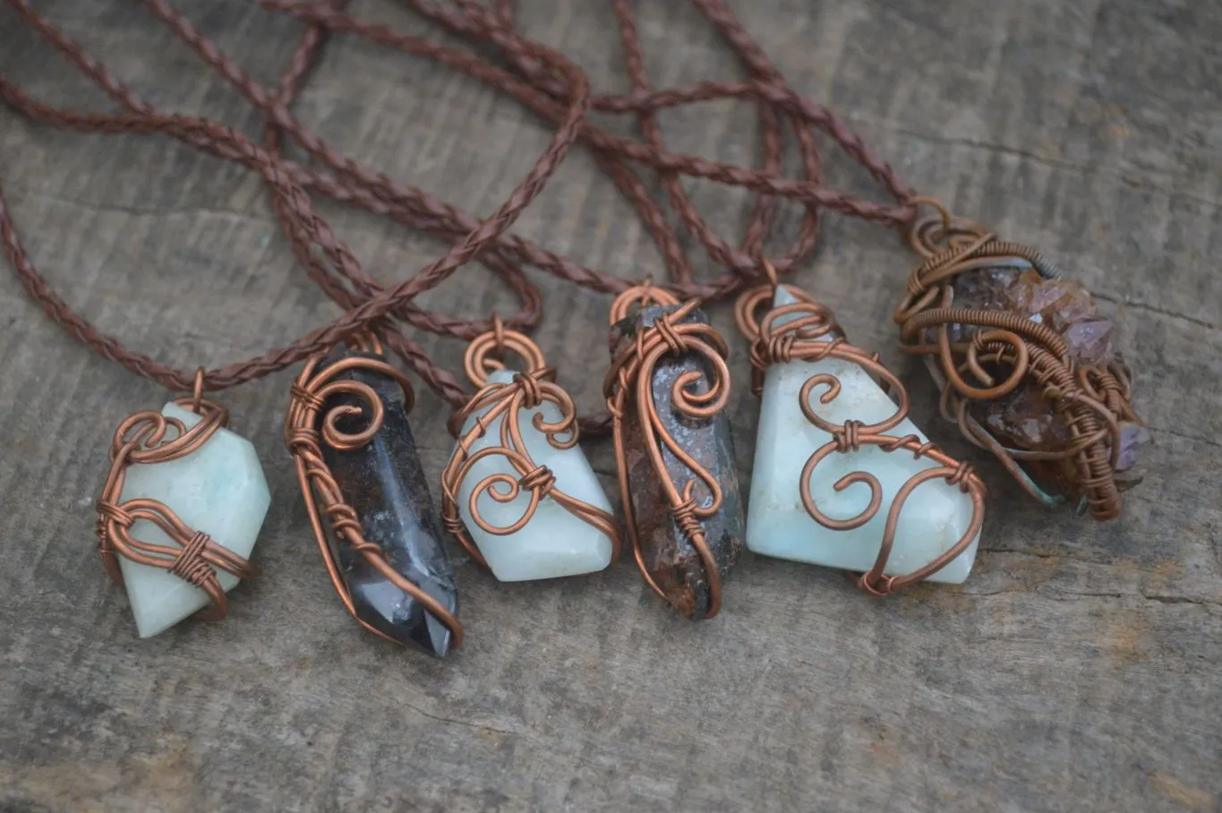 Polished Copper Wire Wrapped Blue Smithsonite Jewellery Pendants x 6 From Southern Africa