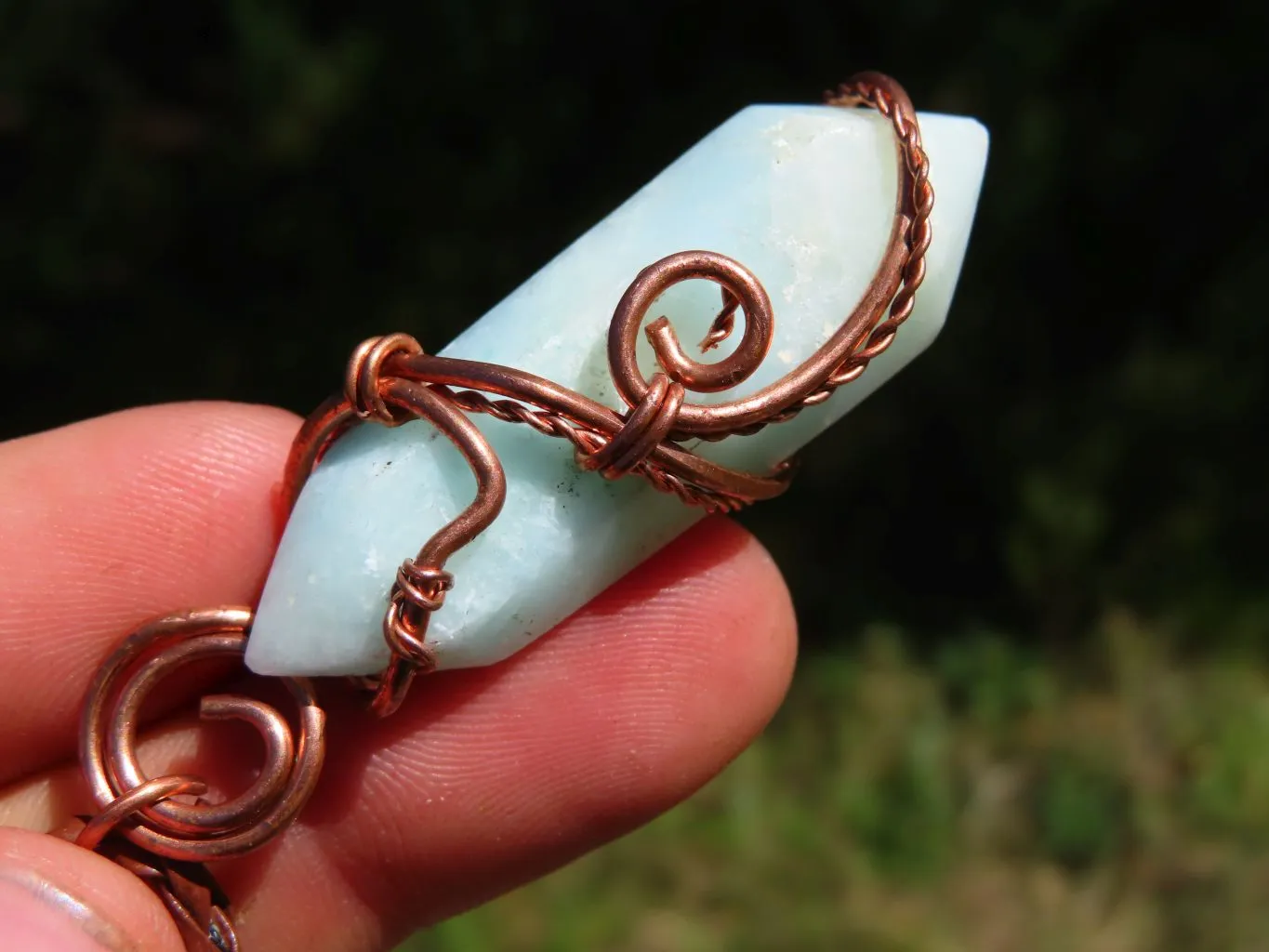 Polished Double Terminated Smithsonite Crystals Set In Copper Art Wire Wrap Pendant - sold per piece From South Africa