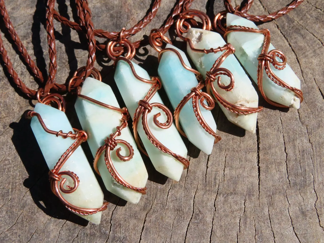 Polished Double Terminated Smithsonite Crystals Set In Copper Art Wire Wrap Pendant - sold per piece From South Africa