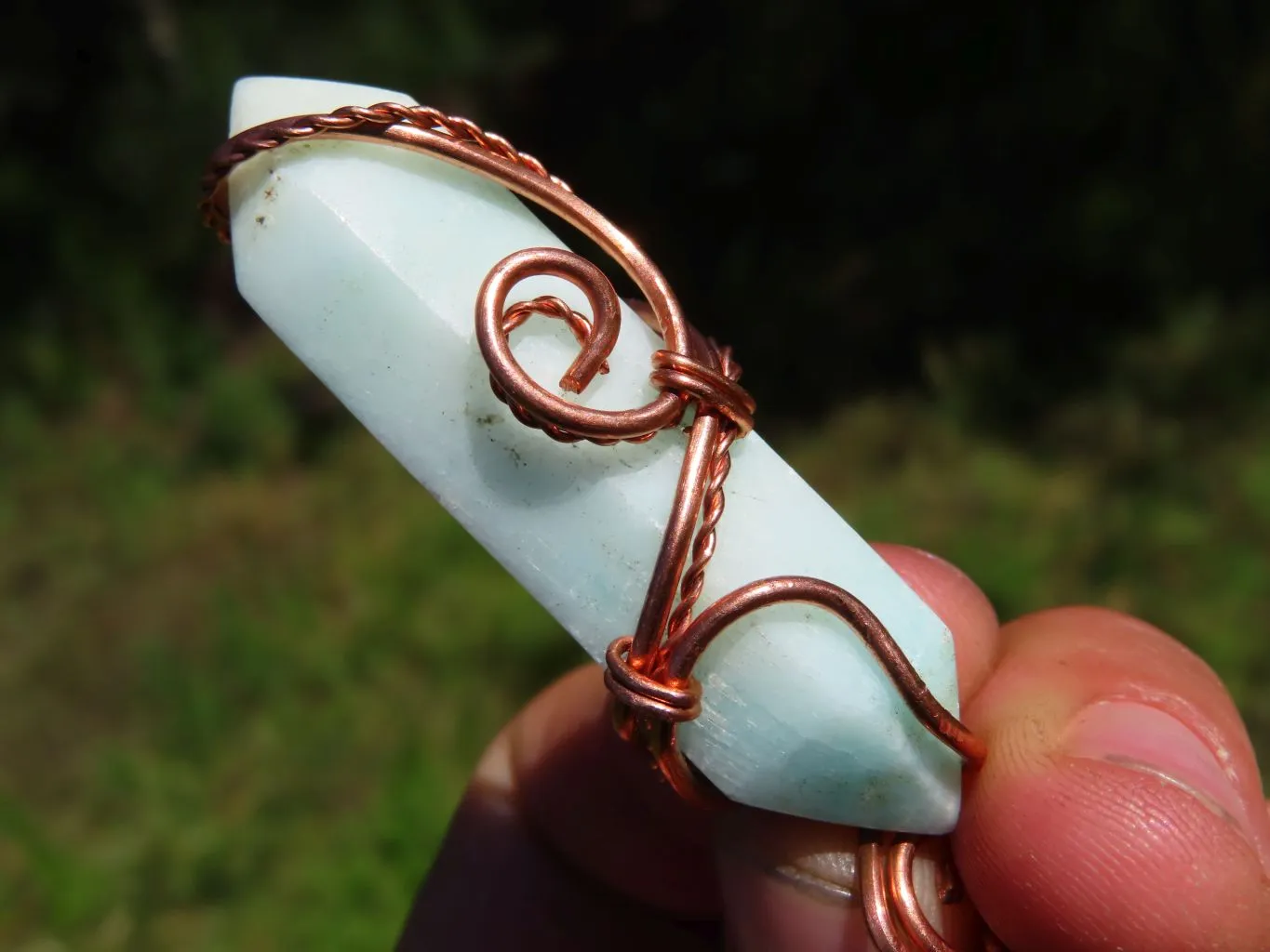 Polished Double Terminated Smithsonite Crystals Set In Copper Art Wire Wrap Pendant - sold per piece From South Africa