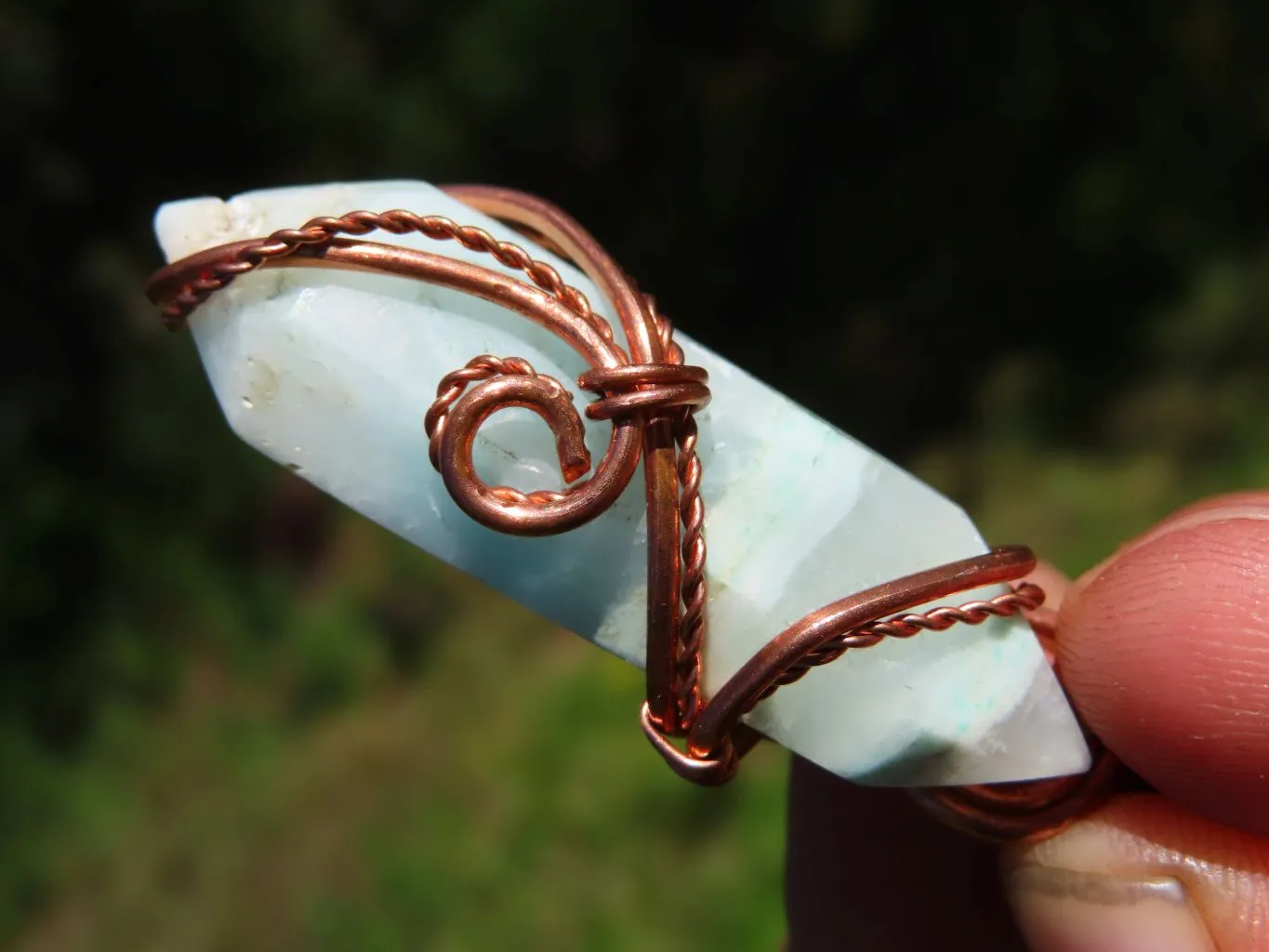 Polished Double Terminated Smithsonite Crystals Set In Copper Art Wire Wrap Pendant - sold per piece From South Africa