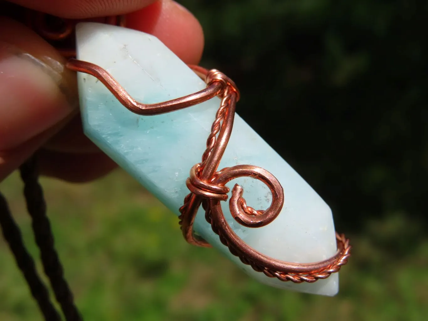 Polished Double Terminated Smithsonite Crystals Set In Copper Art Wire Wrap Pendant - sold per piece From South Africa