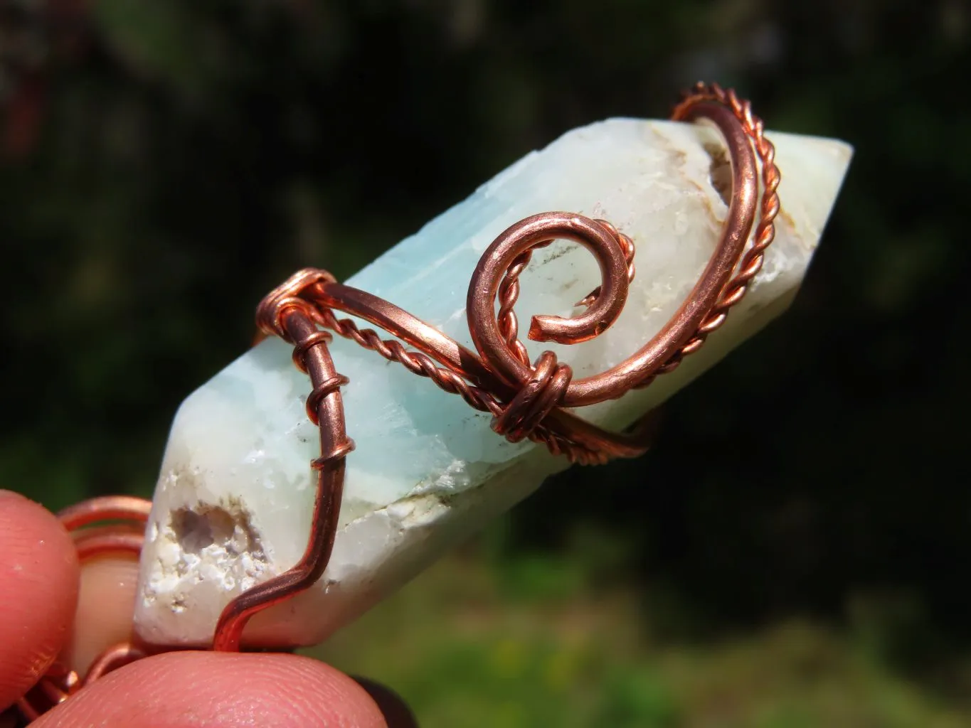 Polished Double Terminated Smithsonite Crystals Set In Copper Art Wire Wrap Pendant - sold per piece From South Africa