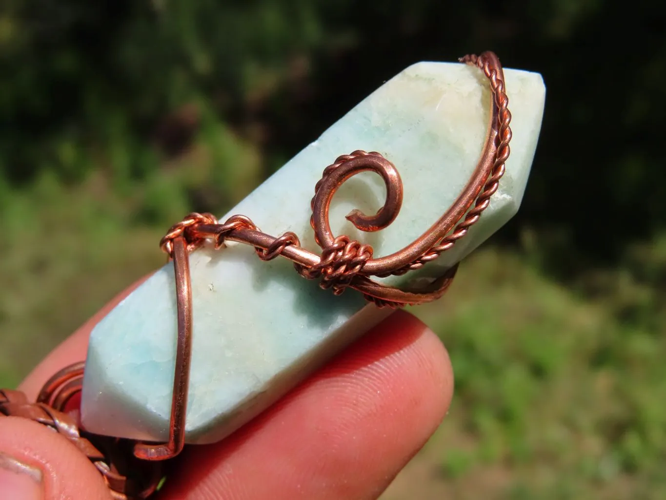 Polished Double Terminated Smithsonite Crystals Set In Copper Art Wire Wrap Pendant - sold per piece From South Africa