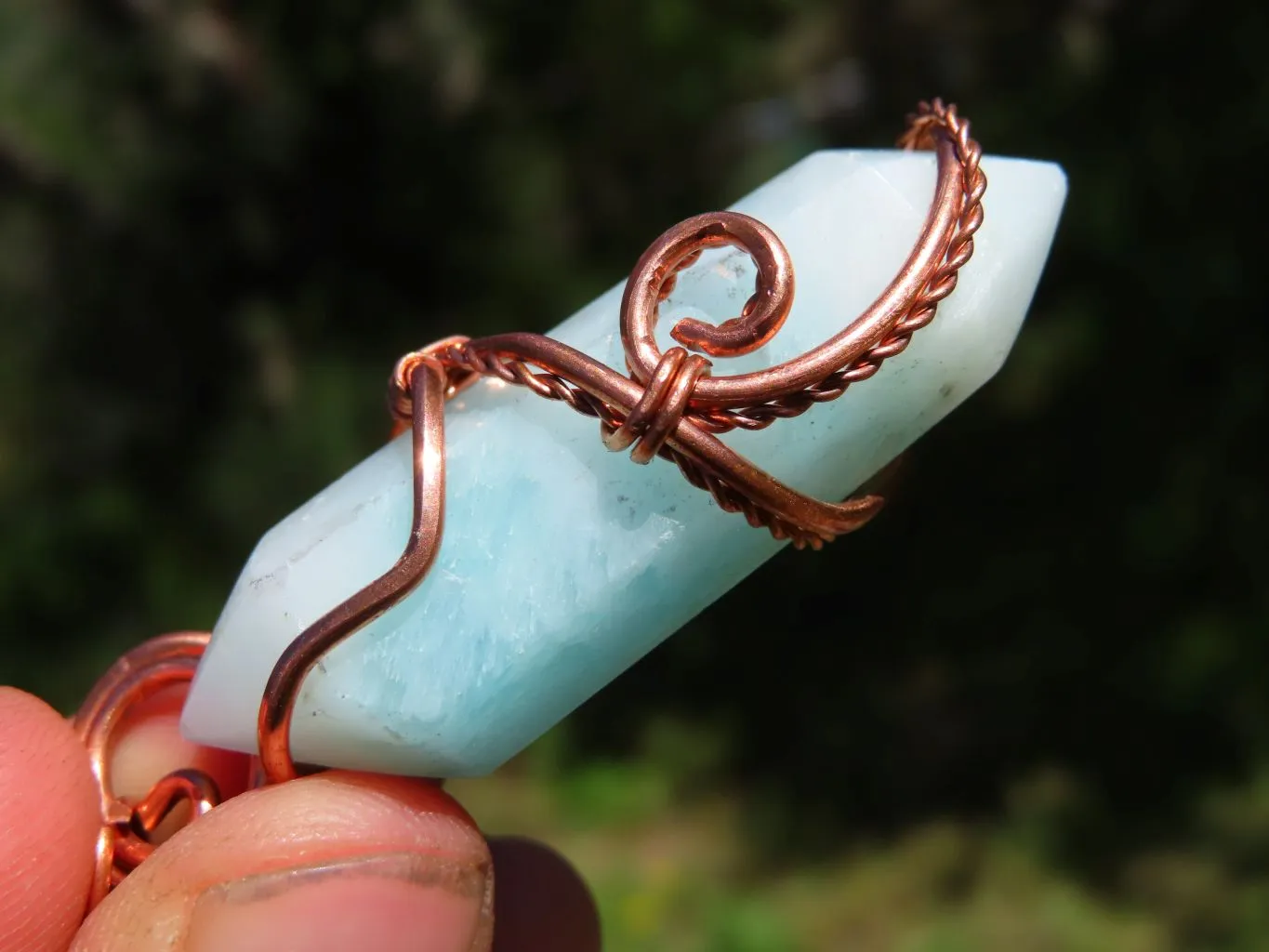 Polished Double Terminated Smithsonite Crystals Set In Copper Art Wire Wrap Pendant - sold per piece From South Africa