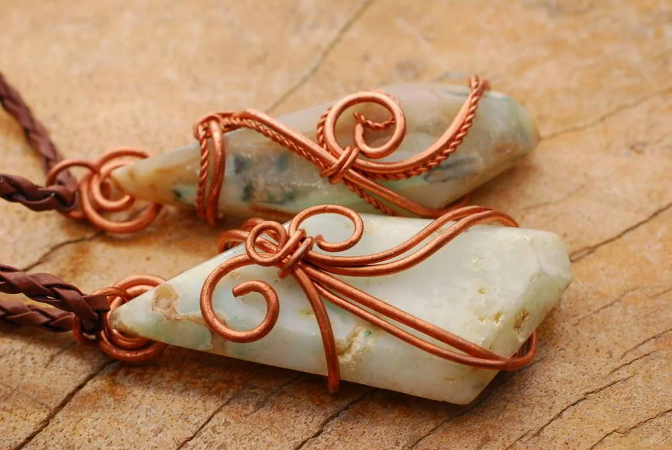 Polished Facetted Freeform Smithsonite Crystals Set In Copper Art Wire Wrap Pendant - sold per piece From South Africa