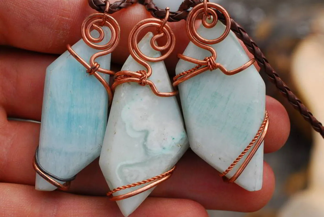 Polished Facetted Freeform Smithsonite Crystals Set In Copper Art Wire Wrap Pendant - sold per piece From South Africa