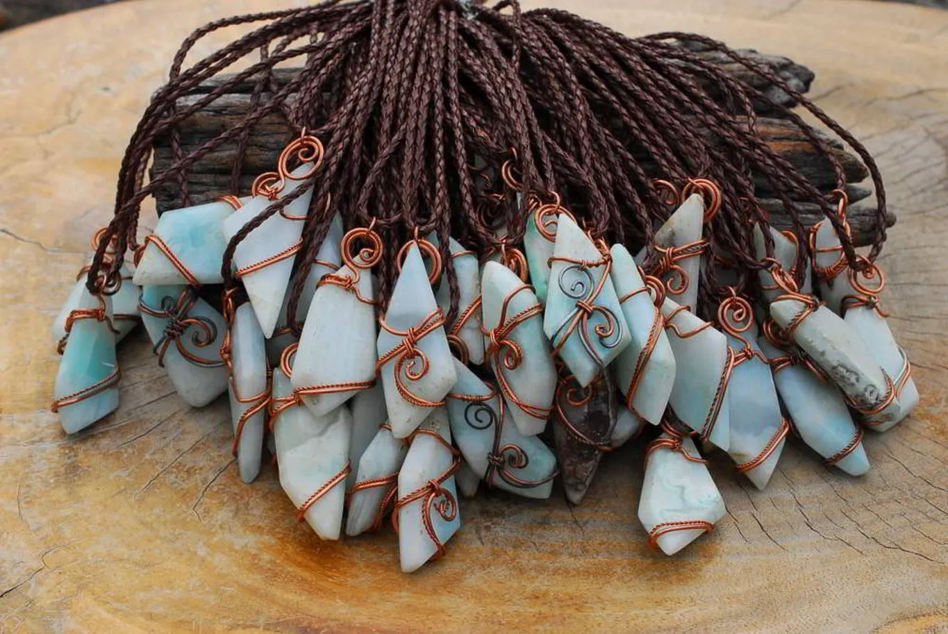 Polished Facetted Freeform Smithsonite Crystals Set In Copper Art Wire Wrap Pendant - sold per piece From South Africa