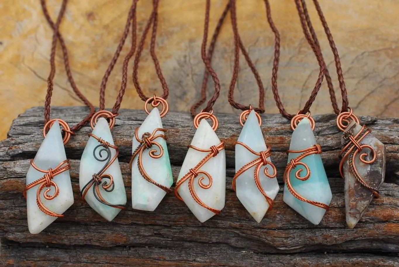 Polished Facetted Freeform Smithsonite Crystals Set In Copper Art Wire Wrap Pendant - sold per piece From South Africa