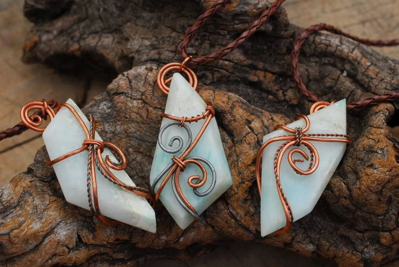 Polished Facetted Freeform Smithsonite Crystals Set In Copper Art Wire Wrap Pendant - sold per piece From South Africa