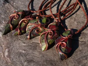 Polished Rare Bastite (Epidote & Piedmontite) Dragon Blood Stone Free forms Set In Copper Art Wire Wrap Pendant - sold per piece From South Africa