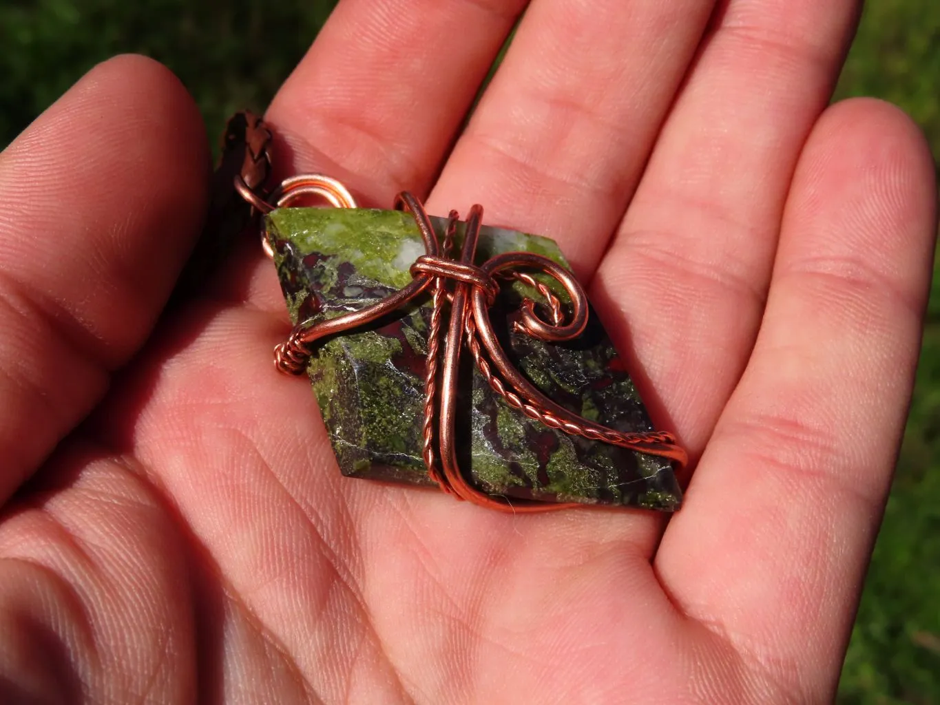 Polished Rare Bastite (Epidote & Piedmontite) Dragon Blood Stone Free forms Set In Copper Art Wire Wrap Pendant - sold per piece From South Africa