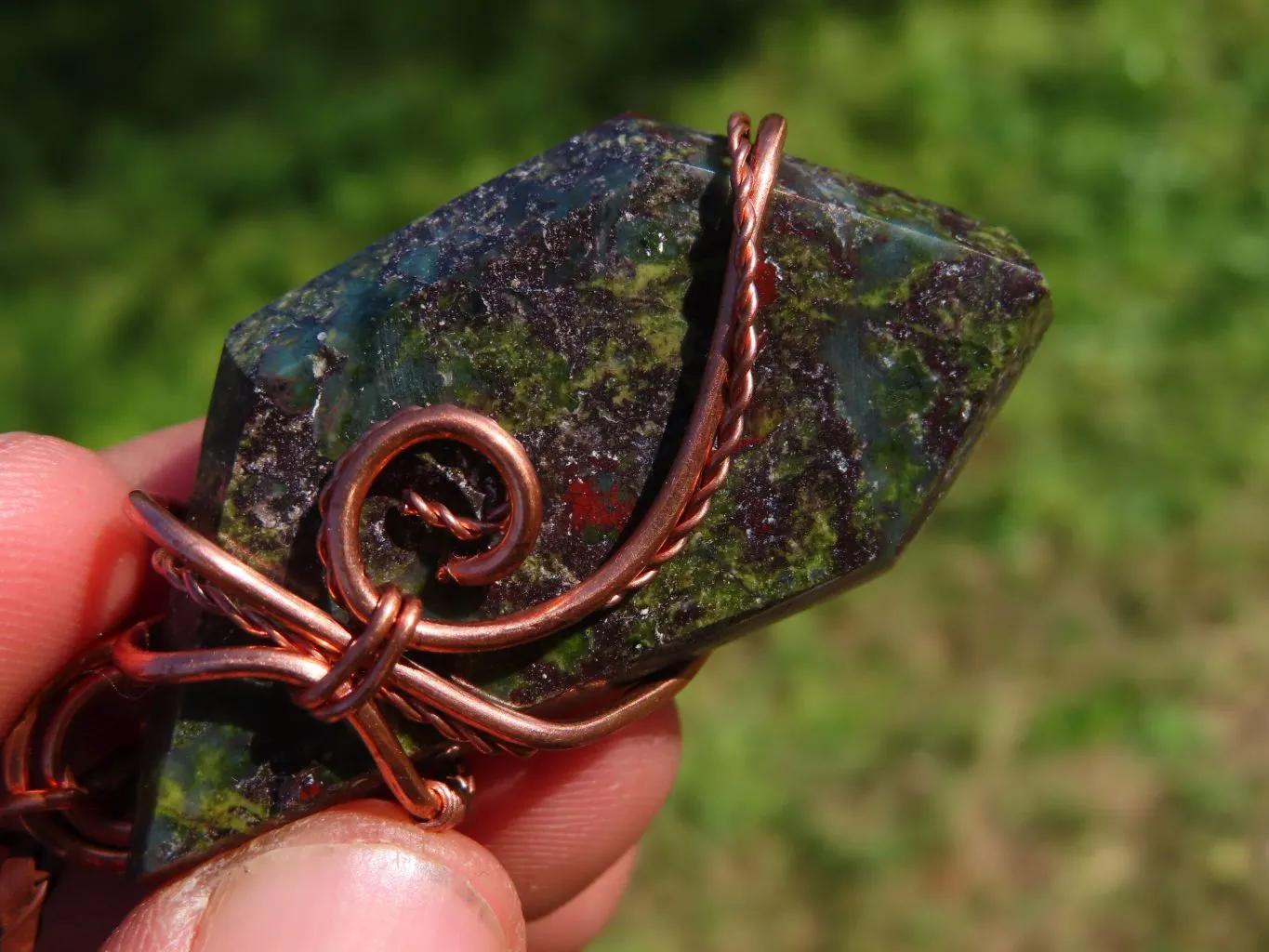 Polished Rare Bastite (Epidote & Piedmontite) Dragon Blood Stone Free forms Set In Copper Art Wire Wrap Pendant - sold per piece From South Africa