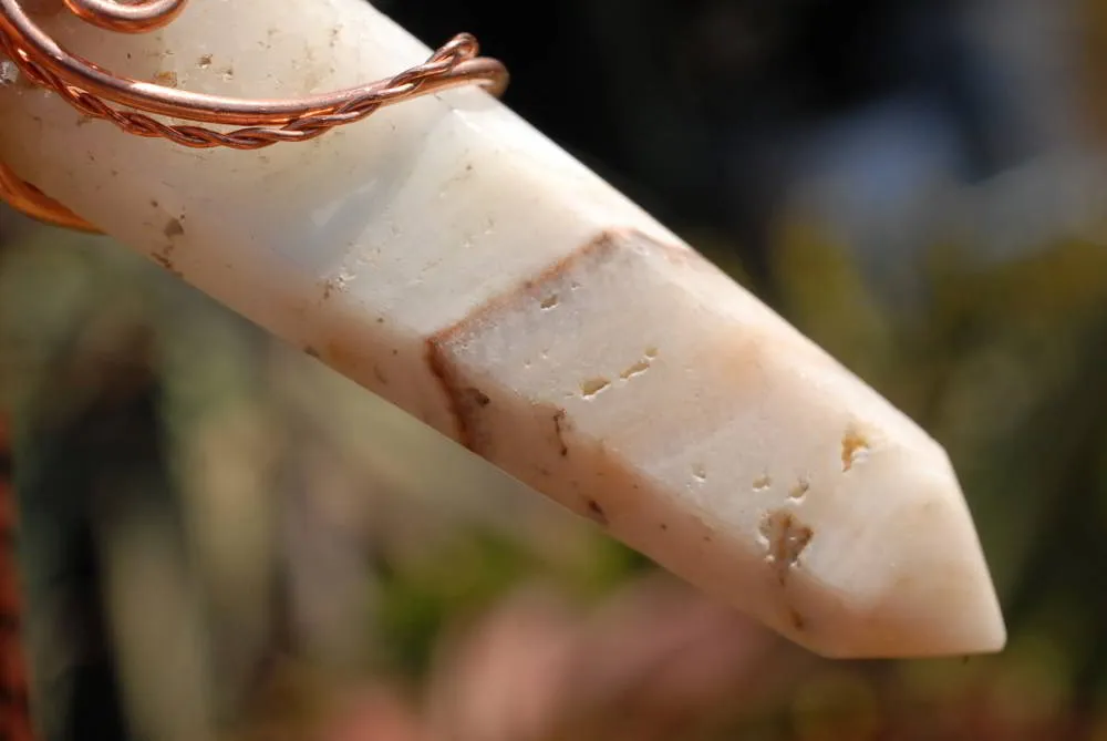 Polished White Smithsonite Spade Shaped Crystals Set In Copper Art Wire Wrap Pendant - sold per piece From Congo