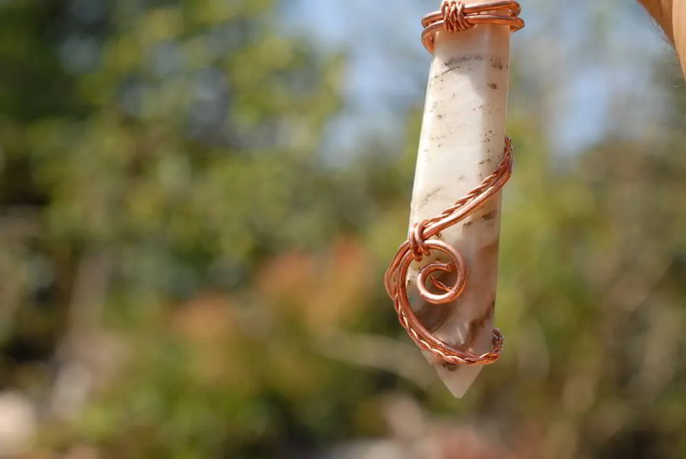 Polished White Smithsonite Spade Shaped Crystals Set In Copper Art Wire Wrap Pendant - sold per piece From Congo