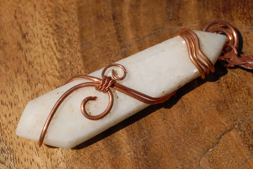 Polished White Smithsonite Spade Shaped Crystals Set In Copper Art Wire Wrap Pendant - sold per piece From Congo